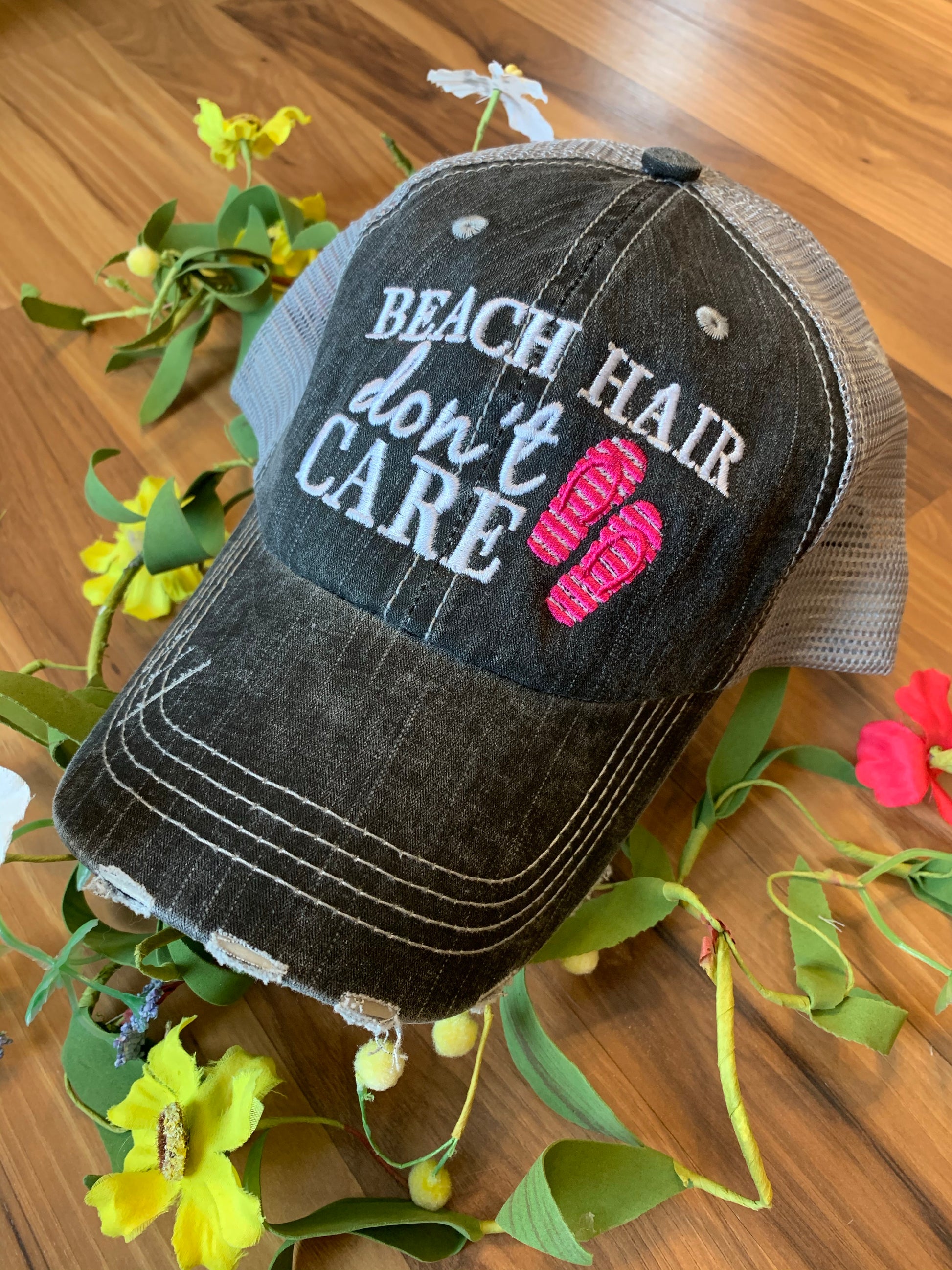 Pool hats Embroidered gray distressed unisex trucker caps Pool hair dont care Pool please Flamingos Flip flops - Stacy's Pink Martini Boutique