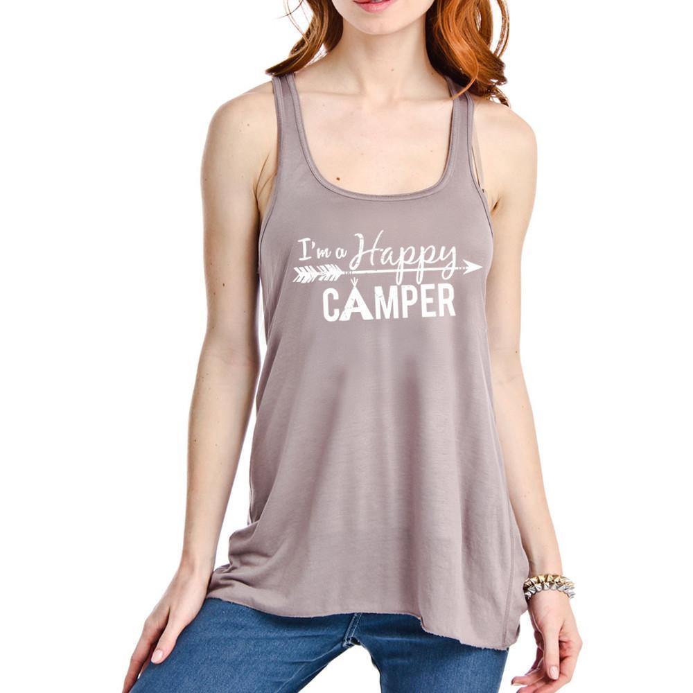 I’m a happy camper tank top •• Coral, teal, black, dark gray, light brown or white •• S - XXL - Stacy's Pink Martini Boutique