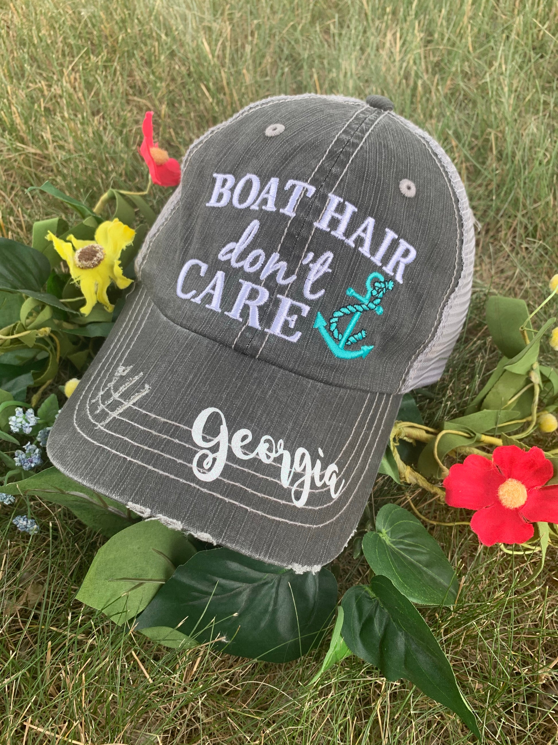 Boat Hats Boat Hair Dont Care Black Embroidered Trucker Cap Adjustable Mesh Back Hat. Boat Hair Don’t Care. Dark Gray Hat. Teal Waves, White Anchor. /