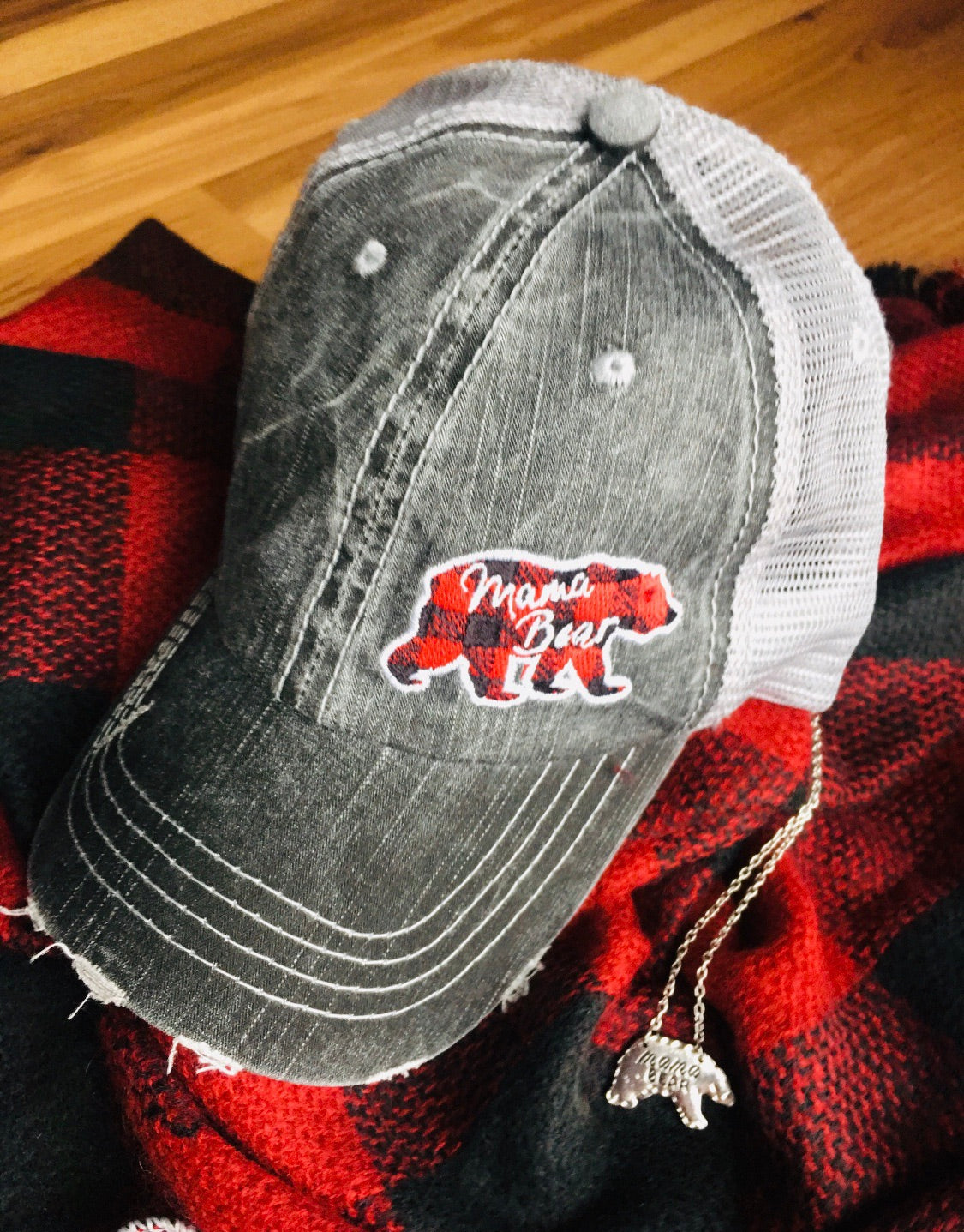 Mom hats Mama bear Baby bear Embroidered distressed womens trucker caps Buffalo plaid - Stacy's Pink Martini Boutique