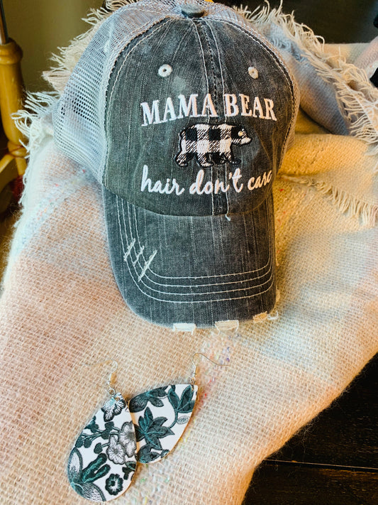 Hats { Mama bear hair dont care } Buffalo plaid, black/white bear • Trucker hat • Distressed • Mom hats • - Stacy's Pink Martini Boutique