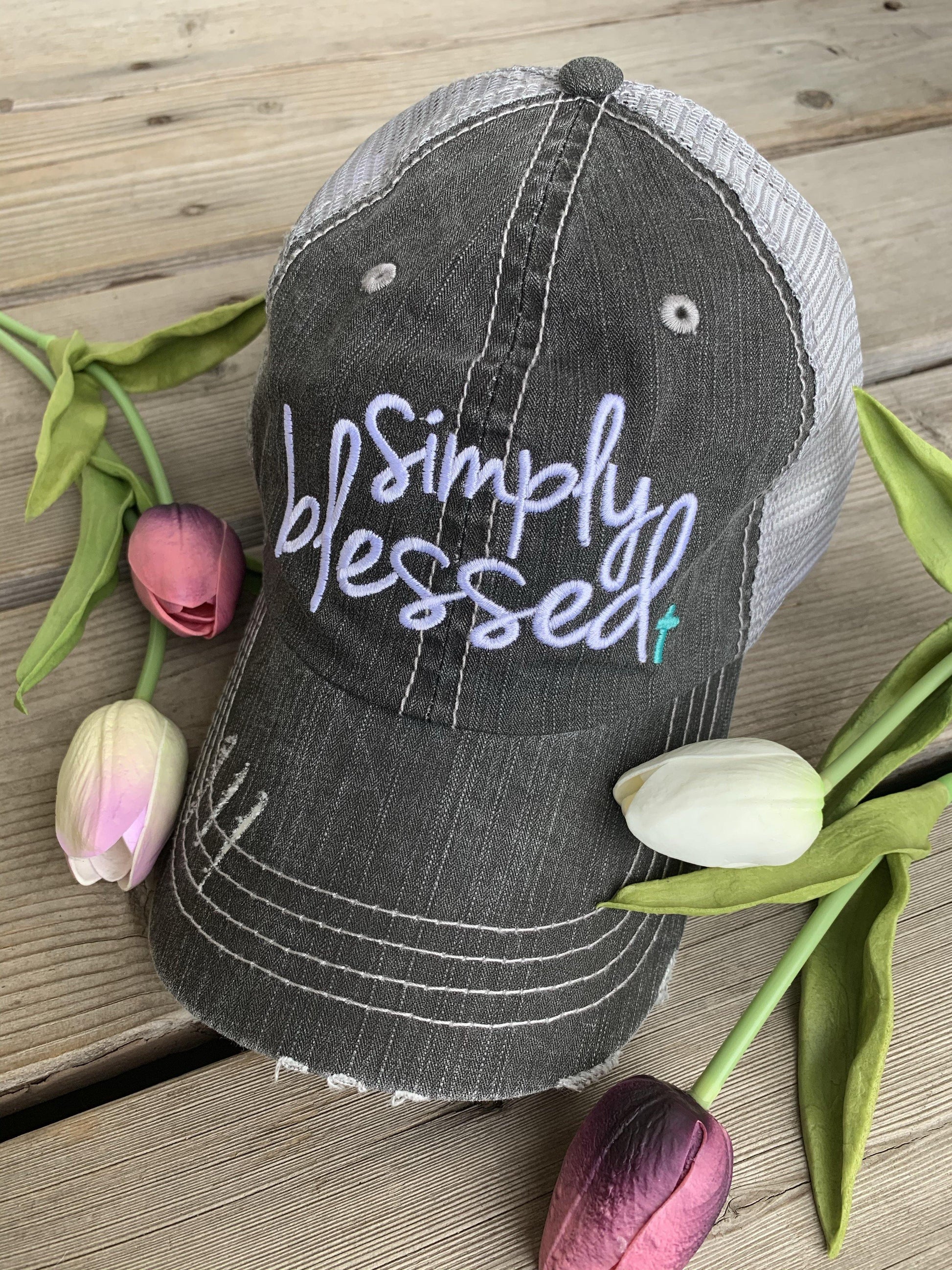 Blessed Hats { Simply Blessed } Pink or teal cross. Gray distressed trucker cap with adjustable Velcro. - Stacy's Pink Martini Boutique