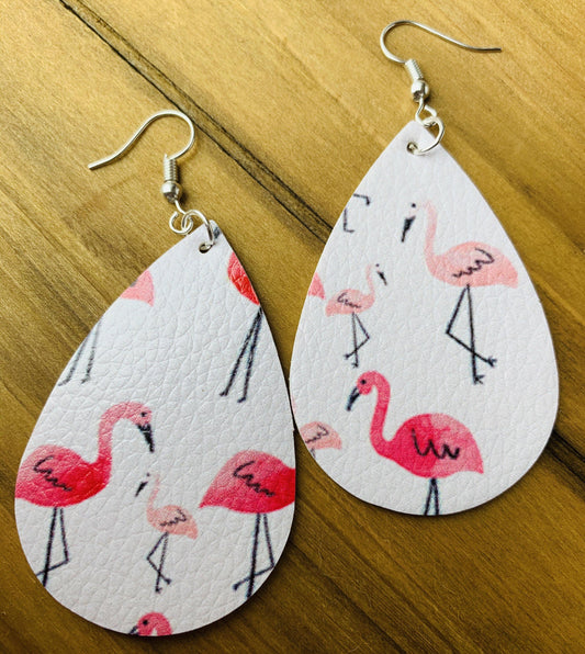 Earrings • Flamingo ~ Leather ~ Teardrops ~ Pink & white ~ Handmade - Stacy's Pink Martini Boutique