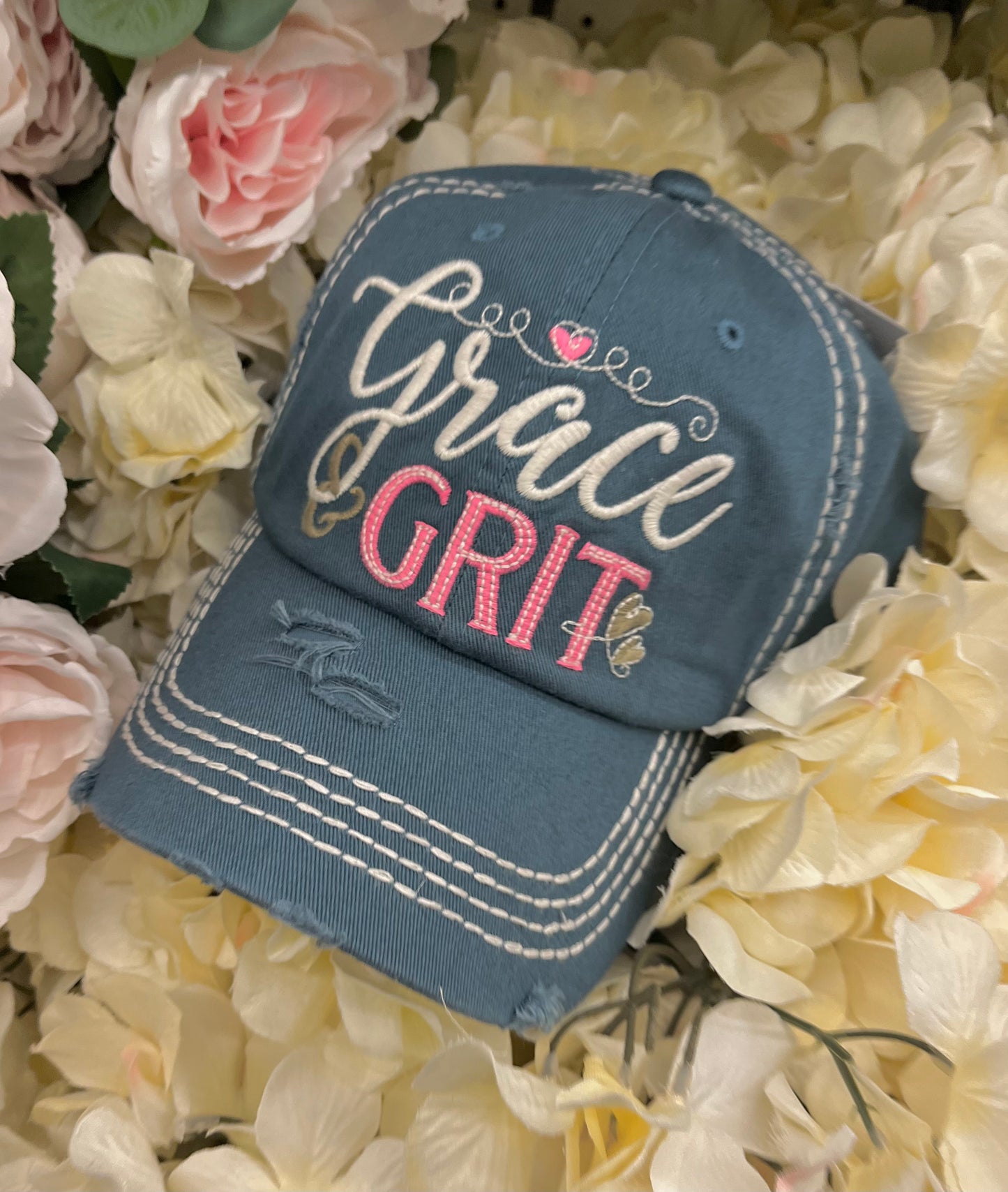 Grace and grit hat Embroidered distressed light blue cap