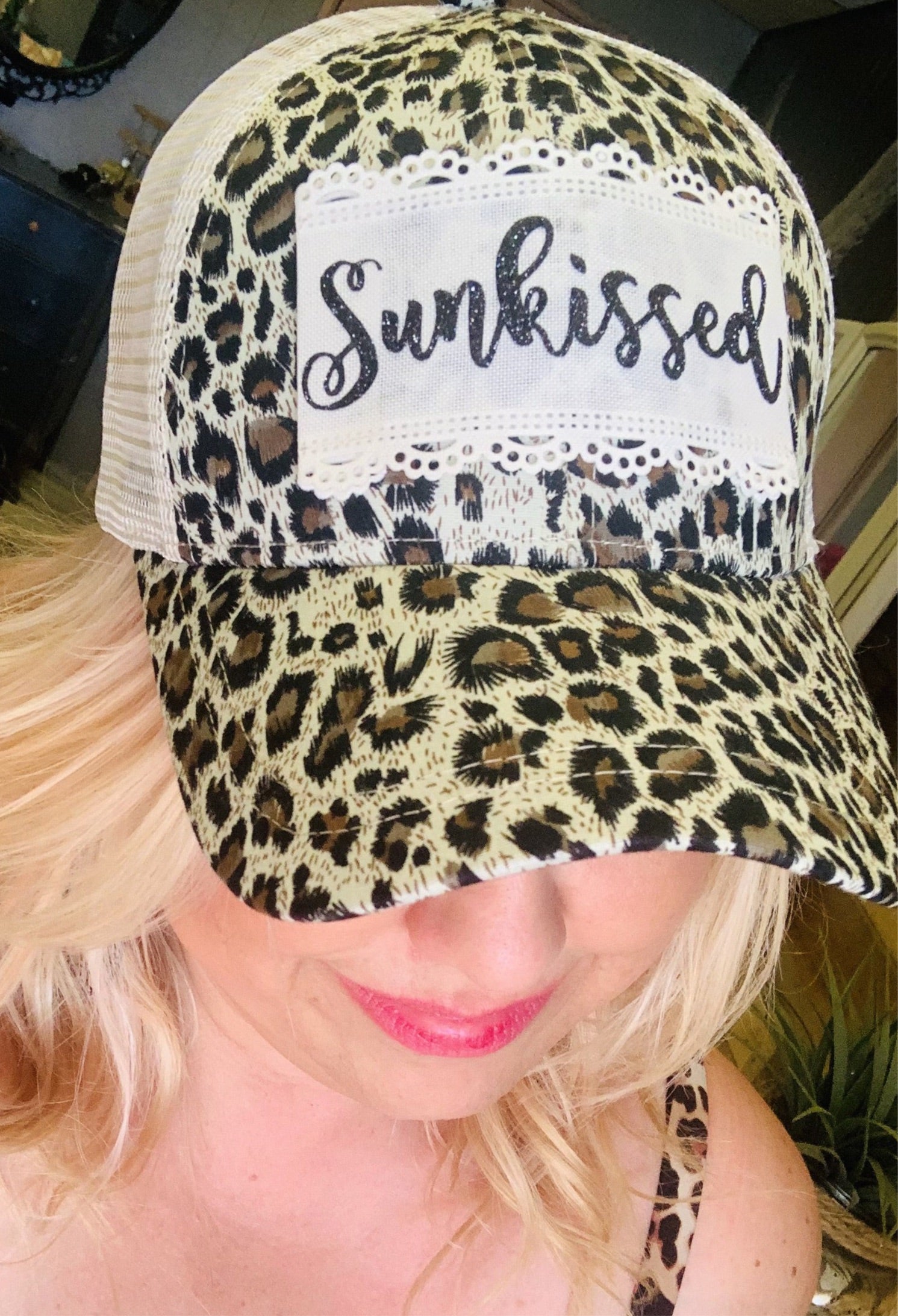 SUN KISSED hat Leopard Summertime Vacation cap Sunshine - Stacy's Pink Martini Boutique