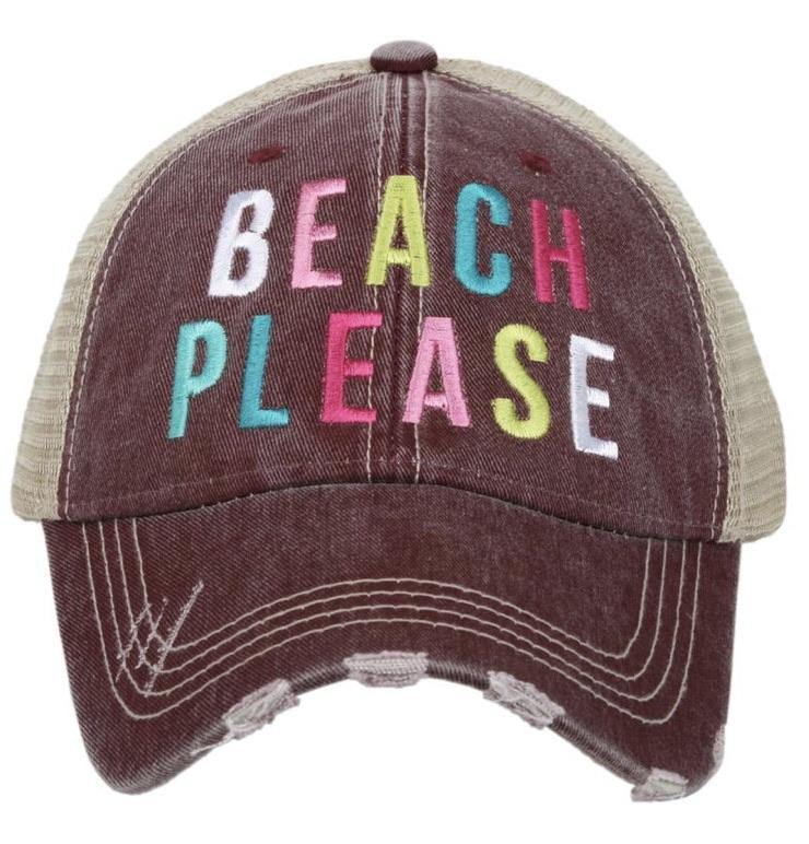 Beach Hats Beach please Embroidered distressed trucker caps Seashells Vacation - Stacy's Pink Martini Boutique