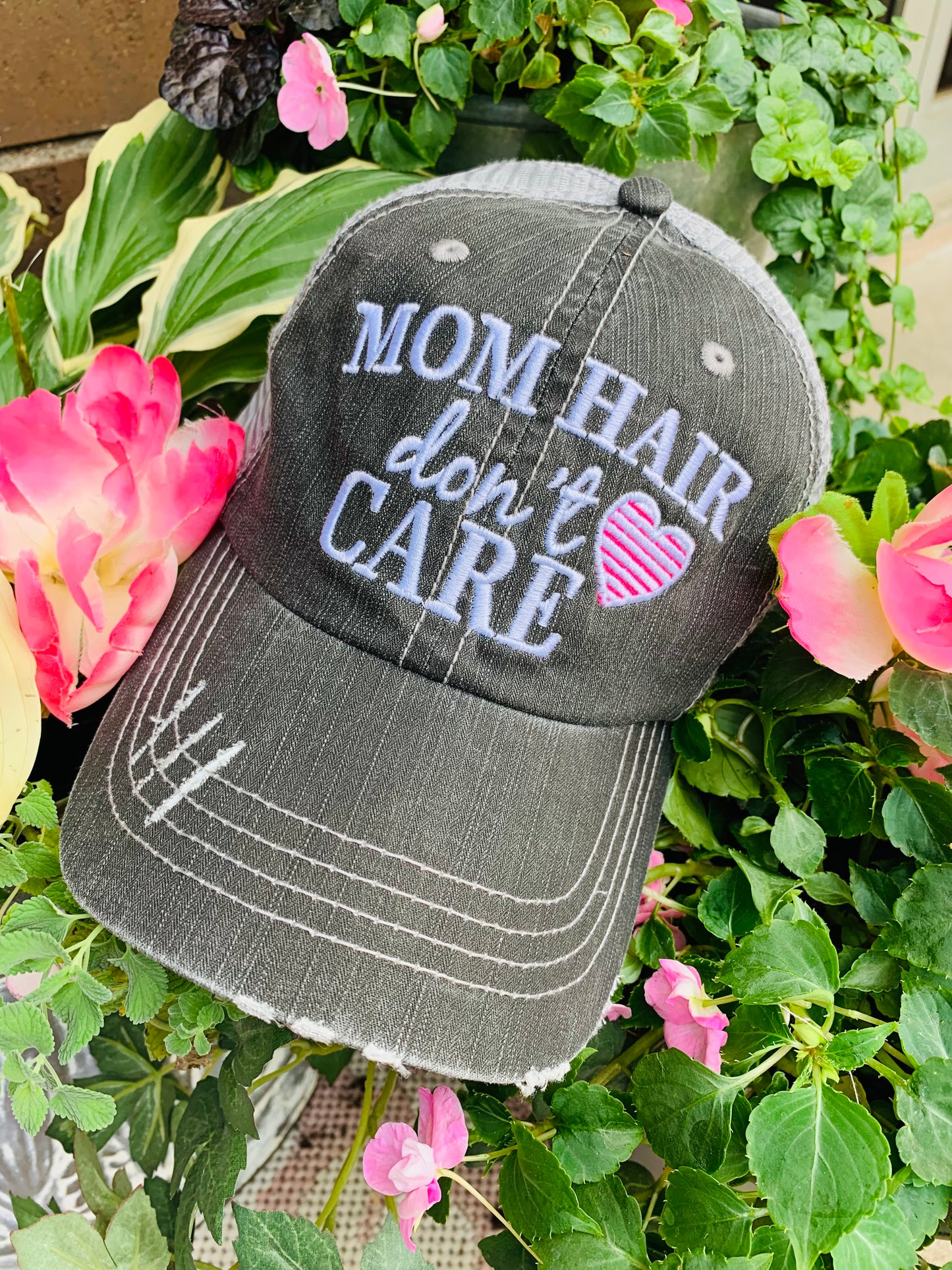 Mom hats Mom hair dont care Embroidered trucker womens baseball caps Teal pink heart - Stacy's Pink Martini Boutique