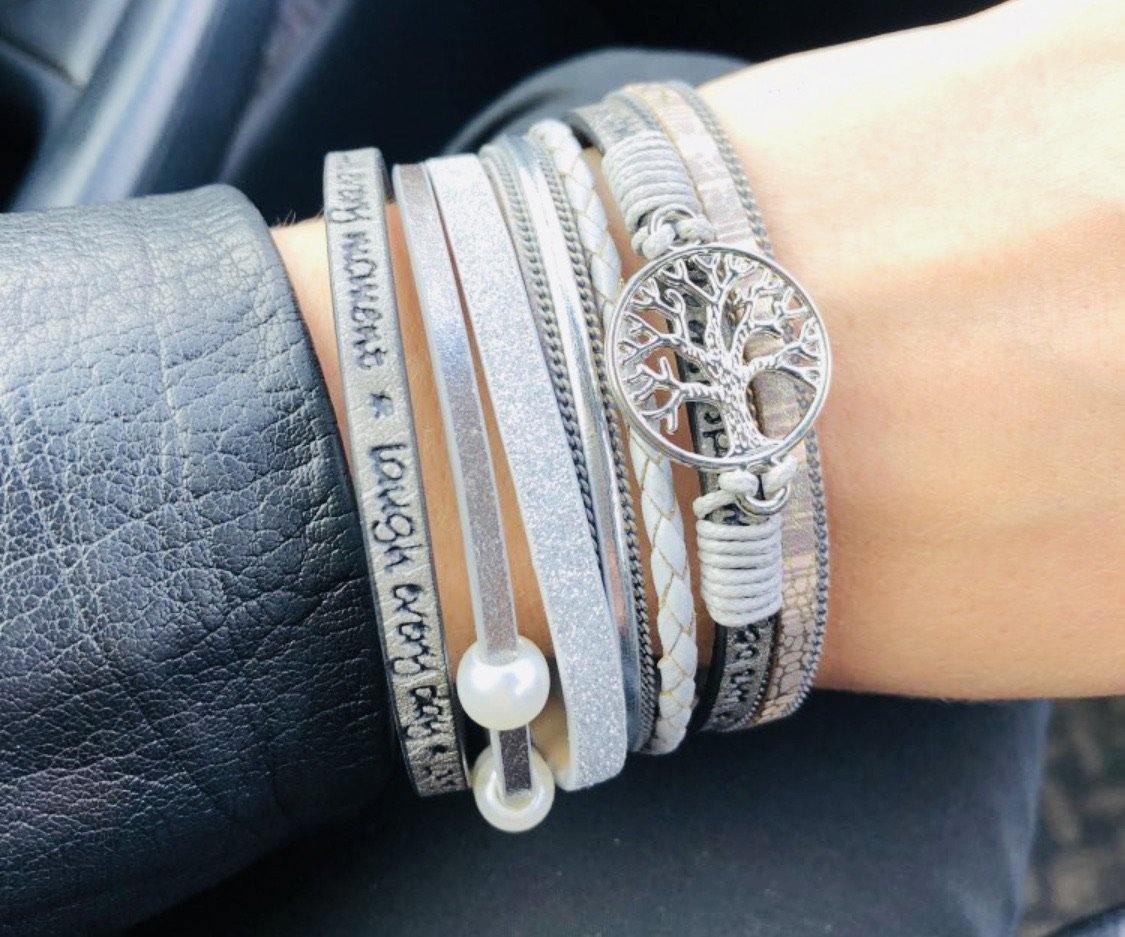 Bracelets { Laugh everyday • Love beyond words • Live every moment } • Tree of life • Glitter • Magnetic closure • 7 1/2 inches • Leather • Wrap - Stacy's Pink Martini Boutiqu
