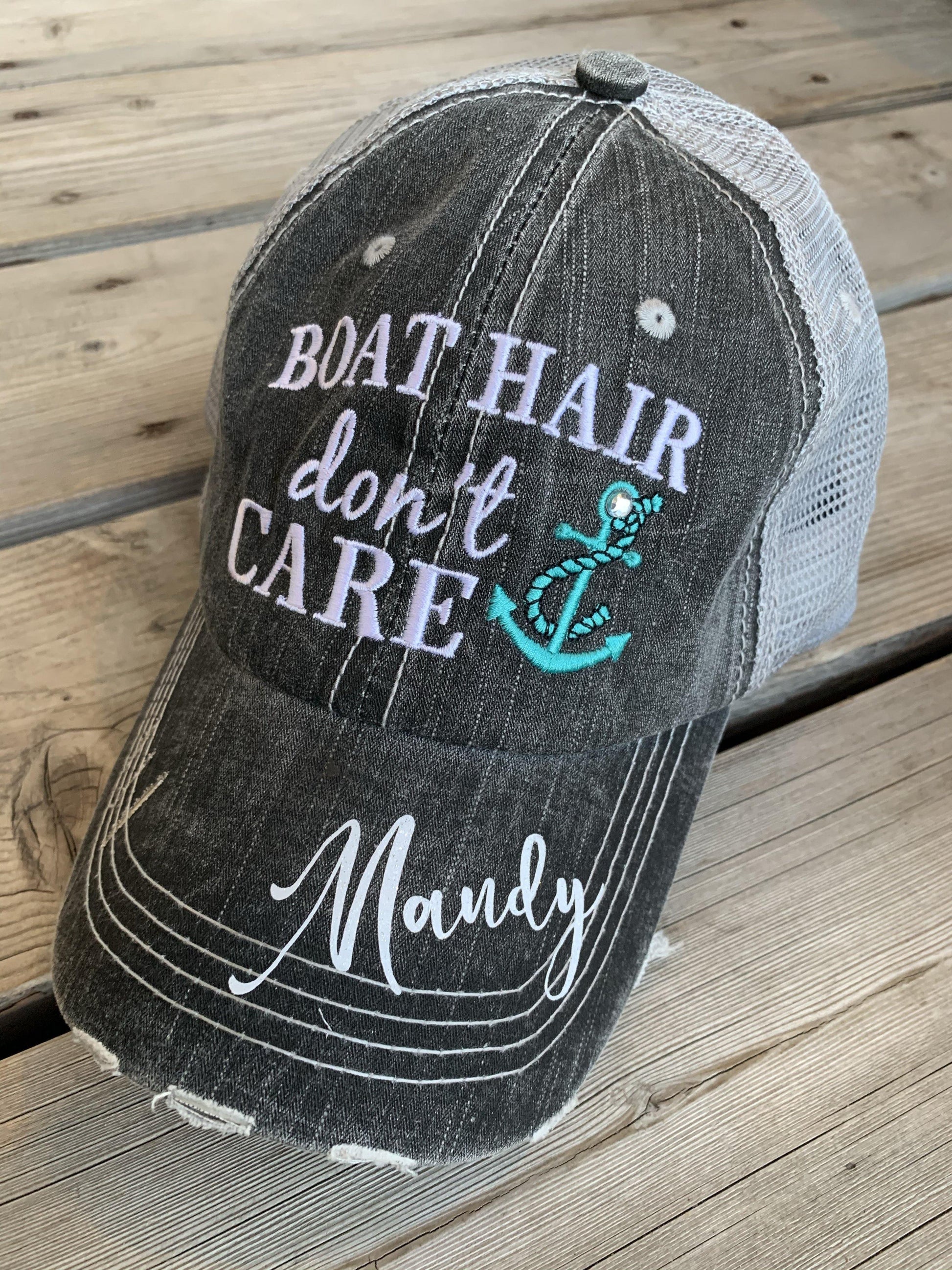 Boat Hats Boat Hair Dont Care Free Ship Are Embroidered Distressed Gray Trucker Hats Anchors Pink Teal Boating Hat. Boat Hair Dont Care. Teal Anchor.