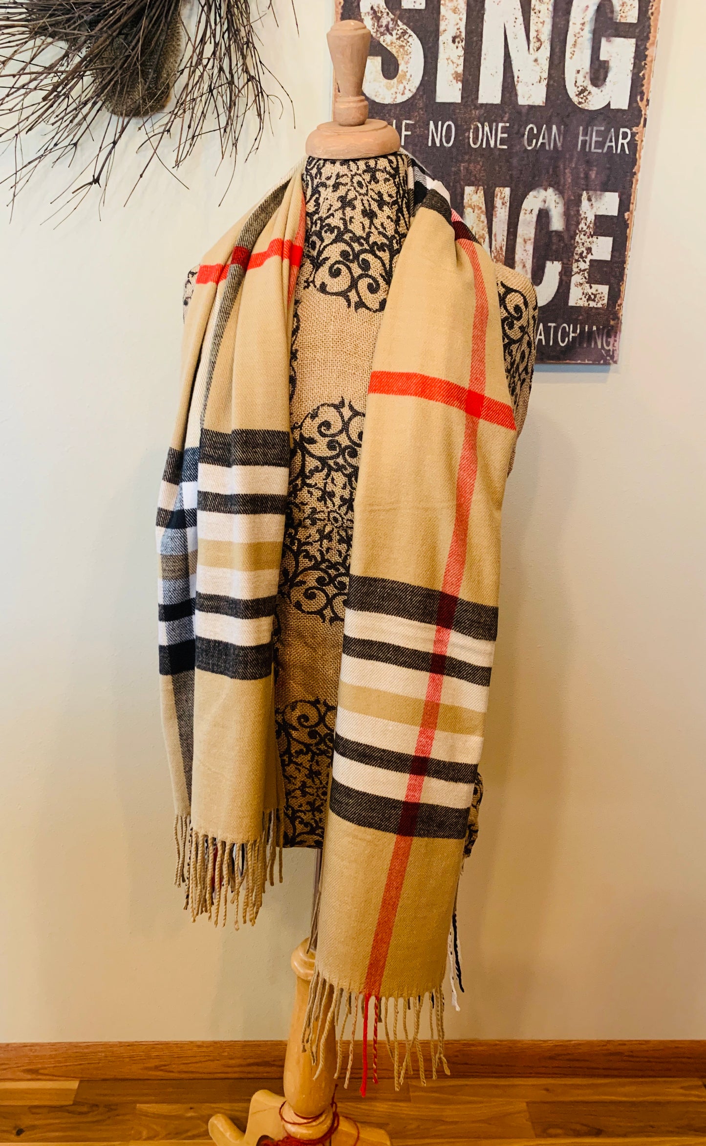 Cashmere Scotland Scarf | 80 x 30 | Camel brown vintage check plaid | Beautiful as a wrap/shawl - Stacy's Pink Martini Boutique