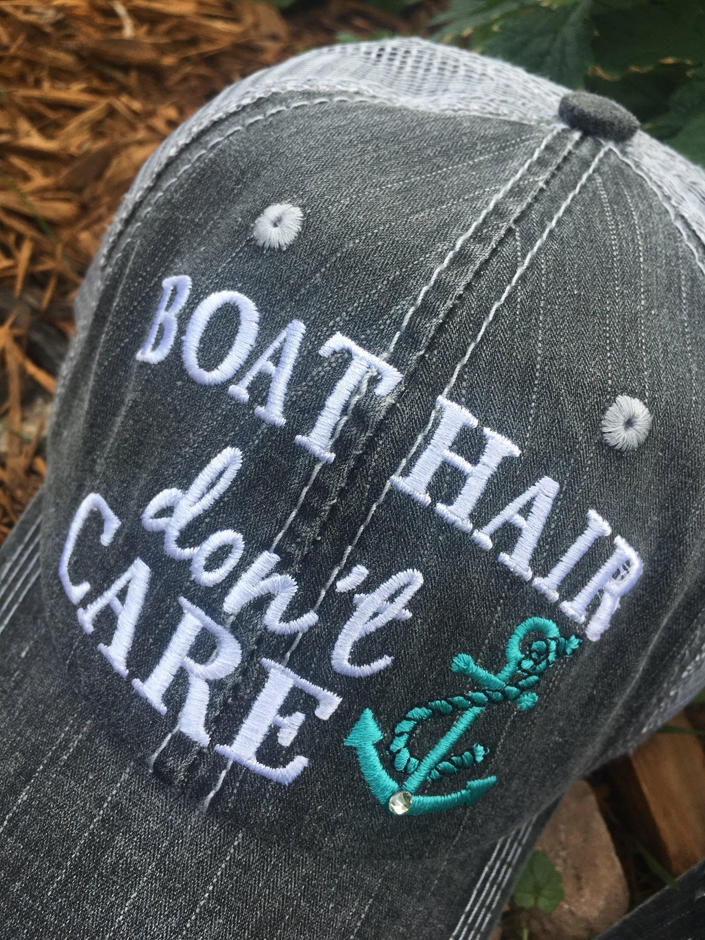 Boat hats! Boat hair dont care. FREE ship and FREE jewelry with each order. Embroidered distressed gray trucker hats with anchors. - Stacy's Pink Martini Boutique