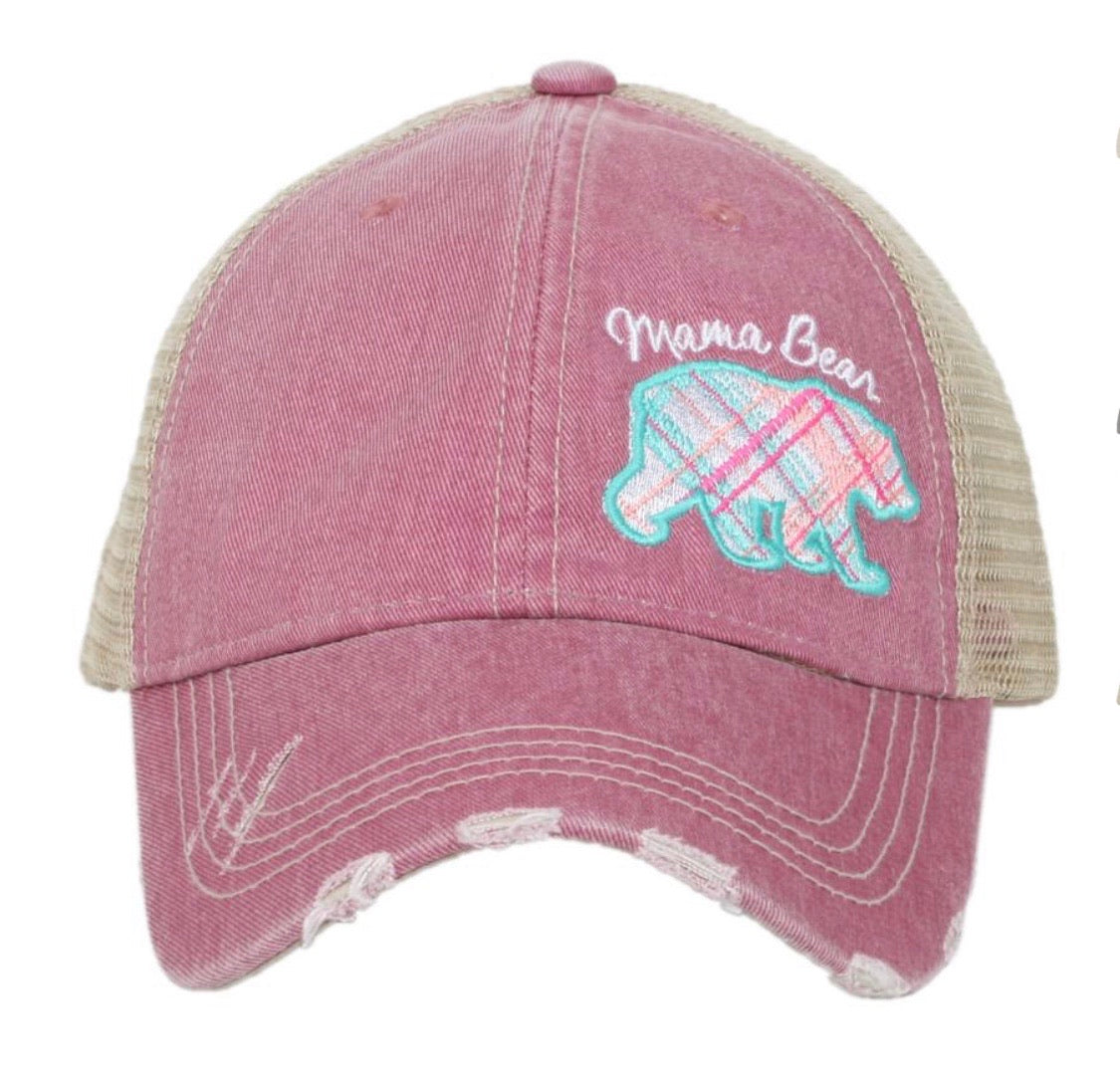 Mom hats Mama bear Baby bear Embroidered distressed womens trucker caps Buffalo plaid - Stacy's Pink Martini Boutique