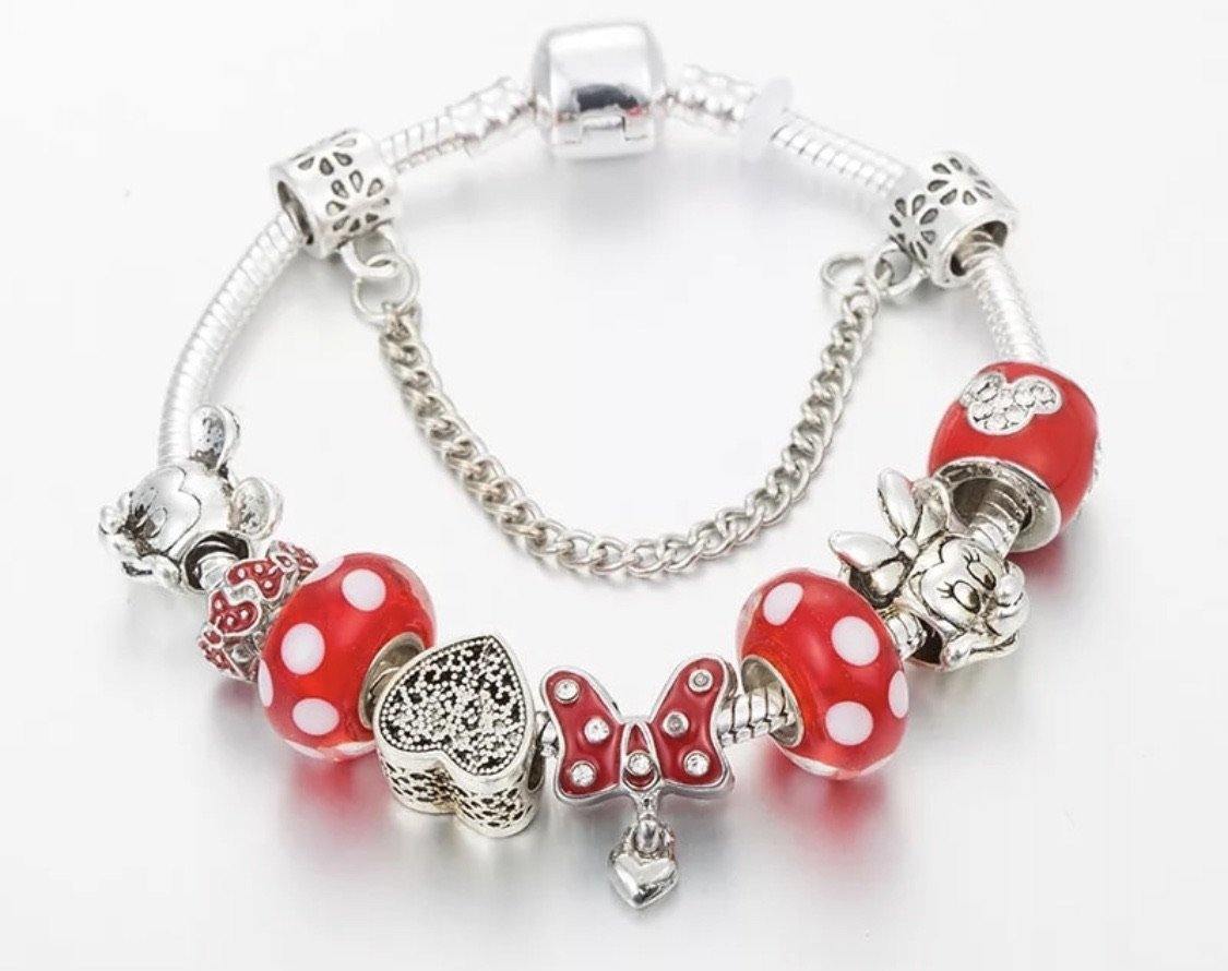 Bracelet { Minnie Mouse } Bow. Silver. Red. Dots. Hearts. Mickey Mouse. Glass beads. Safety chain. FREE ship in USA on this item! - Stacy's Pink Martini Boutique