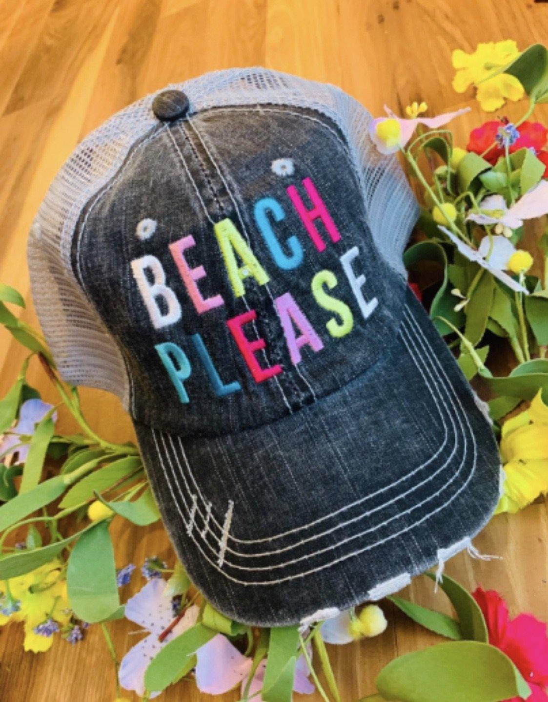 Beach Hats Beach please Embroidered distressed trucker caps Seashells Vacation - Stacy's Pink Martini Boutique