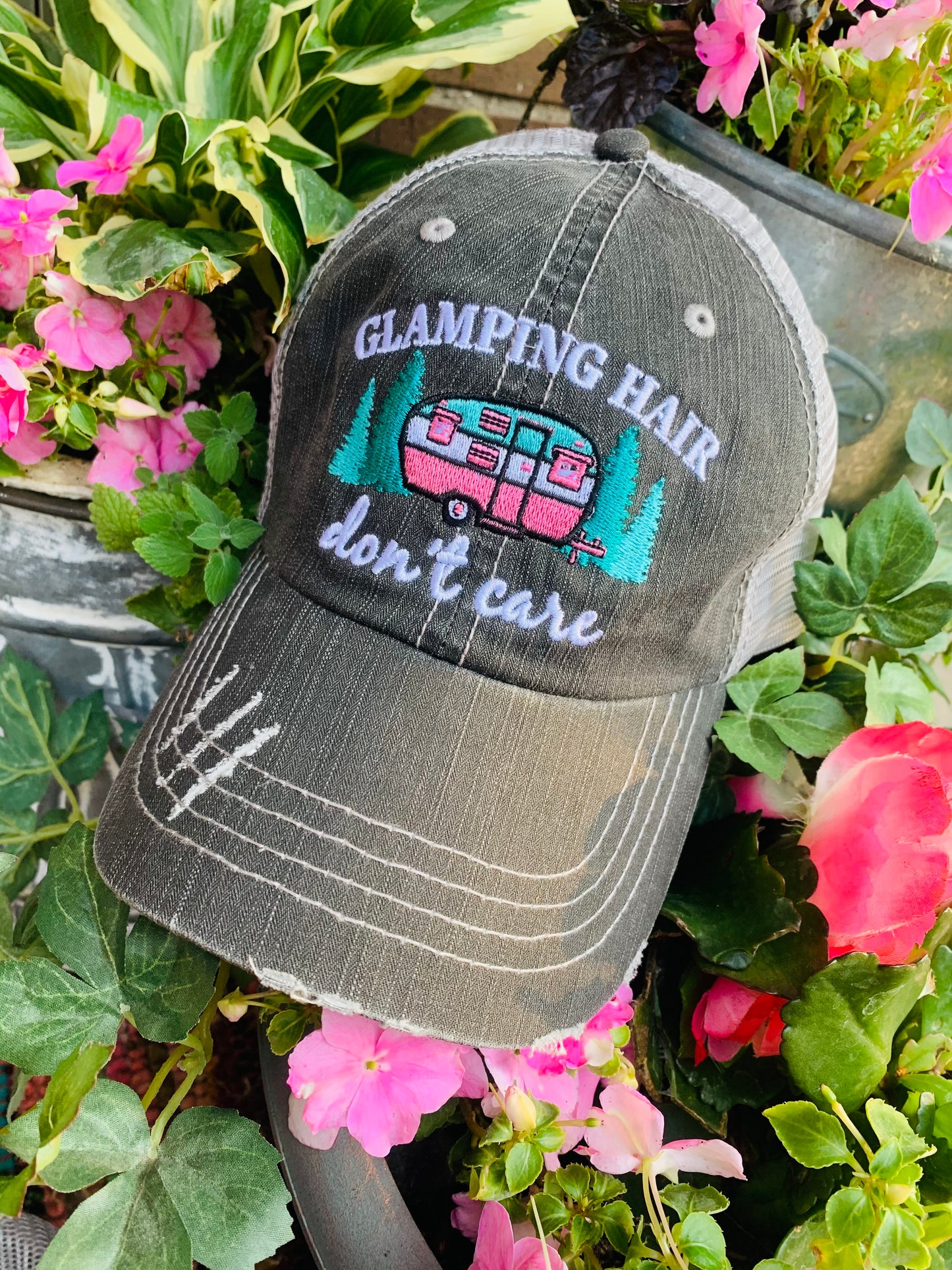 Camping hats Glamping hair dont care Happy camper Camping hair Embroidered Unisex caps - Stacy's Pink Martini Boutique