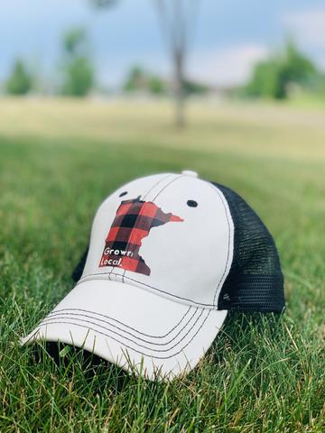 Hat. Minnesota. Grown local. White hat with red and black buffalo plaid state. Adjustable. Unisex. Trucker cap. MN. Sota. - Stacy's Pink Martini Boutique