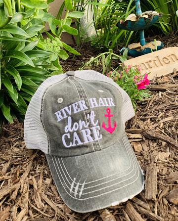 Hat. River hair dont care. Gray with pink anchor. 1 left! $10 hat sale! - Stacy's Pink Martini Boutique