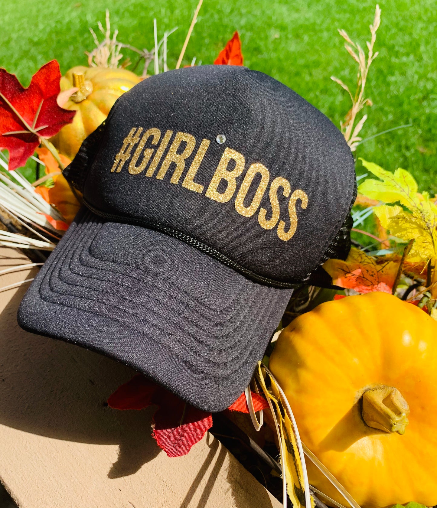 Hats { #Girlboss } Black & white, black, maroon or navy blue with gold glitter and hashtag. - Stacy's Pink Martini Boutique