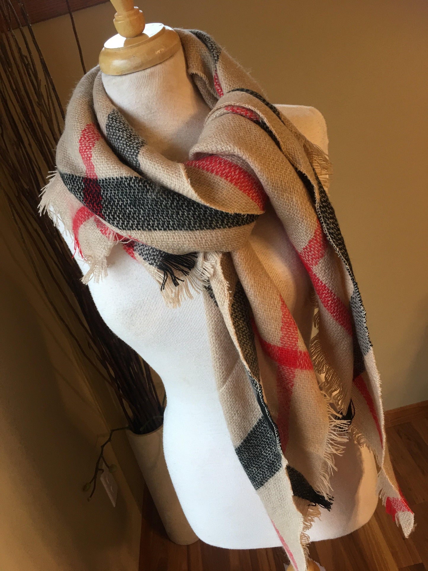 Blanket scarf { Classic check } Camel. Large square blanket scarf. - Stacy's Pink Martini Boutique