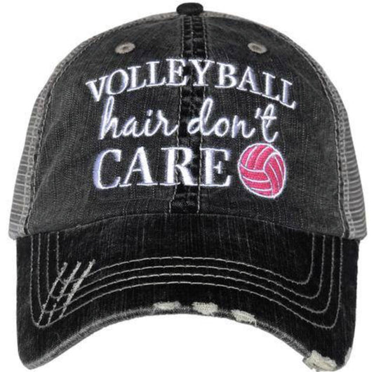 Hat { Volleyball hair don’t care } Embroidered • Distressed trucker cap • Unisex - Stacy's Pink Martini Boutique
