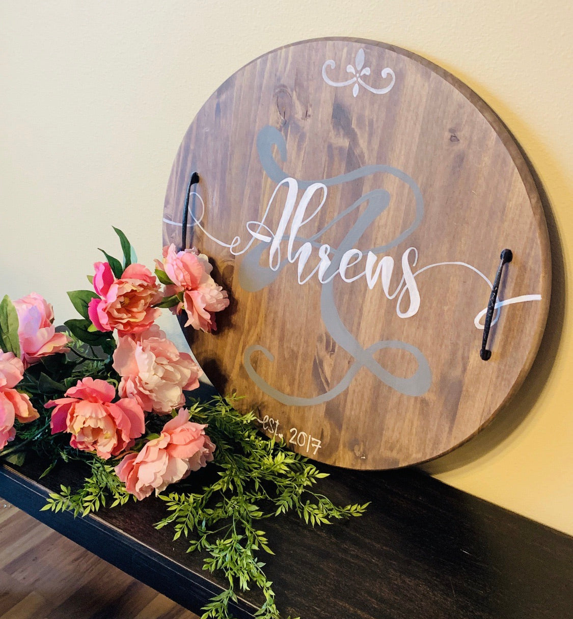 Wood signs or tray with handles { Round } Hand painted. 24 inches round. High quality pine. Custom colors. Great housewarming or wedding gift. - Stacy's Pink Martini Boutique