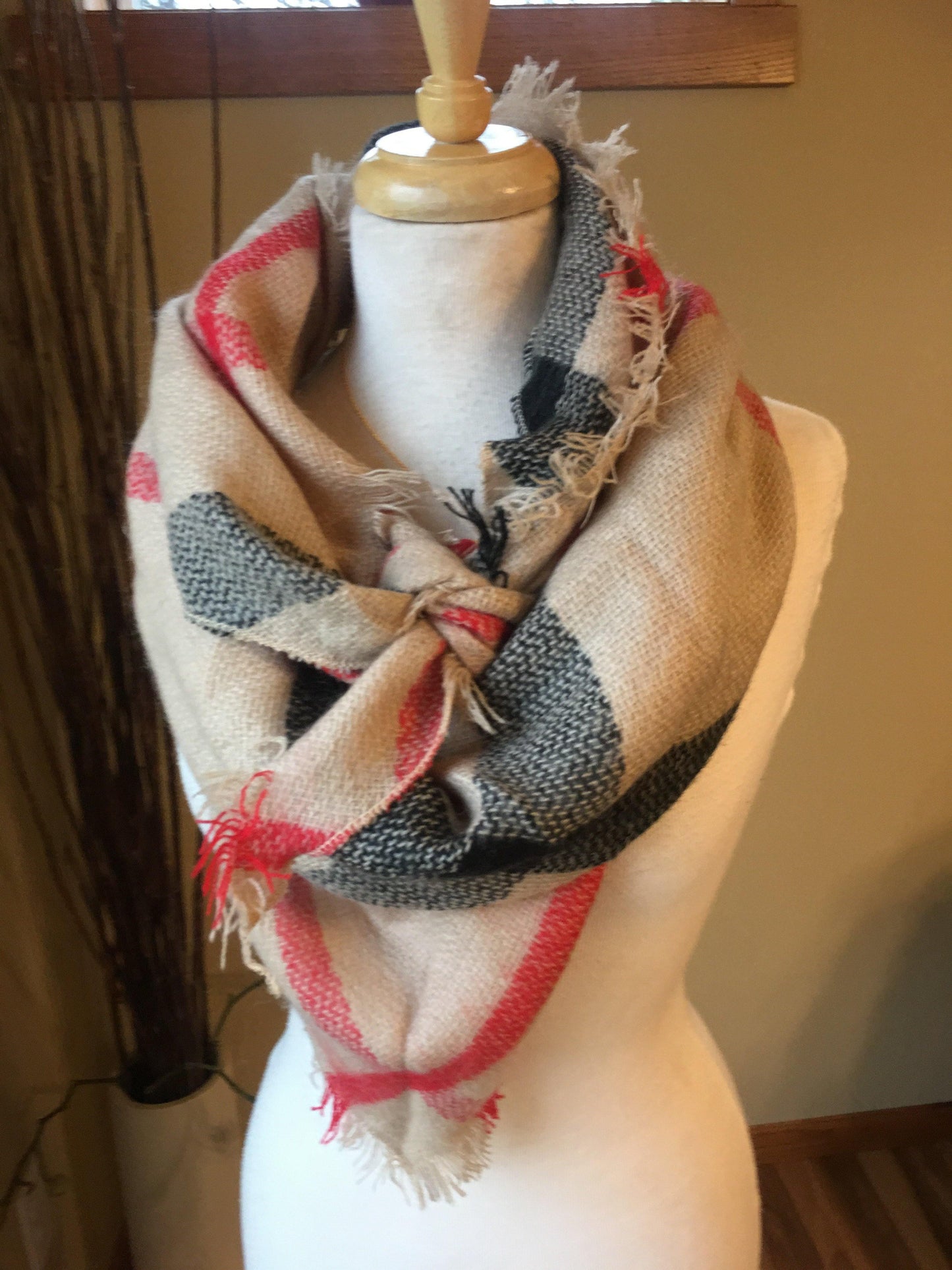 Blanket scarf { Classic check } Camel. Large square blanket scarf. - Stacy's Pink Martini Boutique