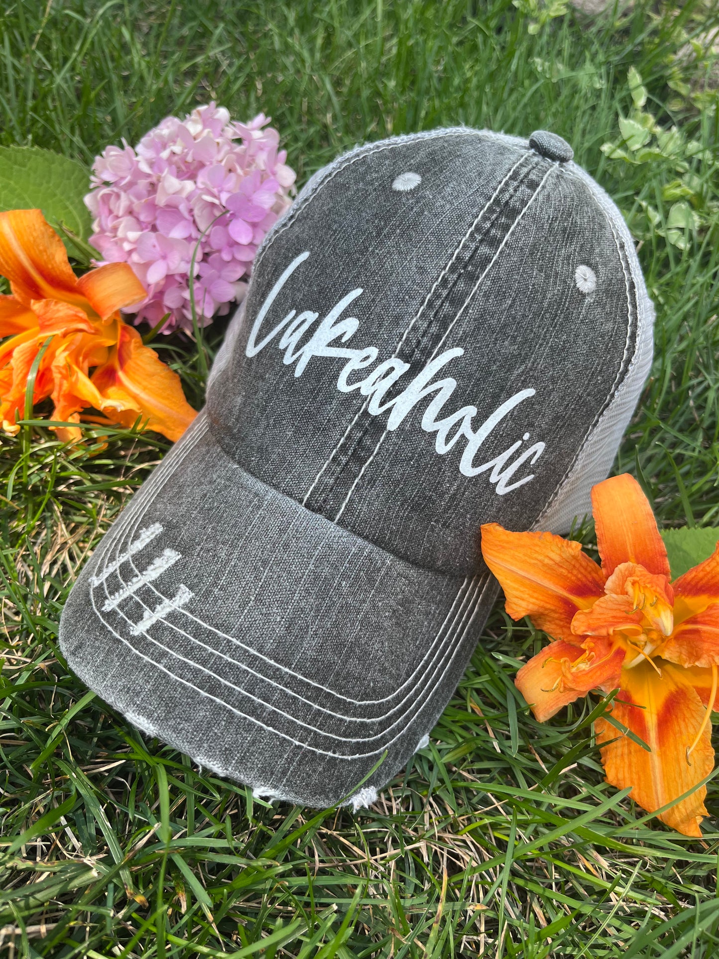 Lake aholic hat Unisex gray distressed trucker cap