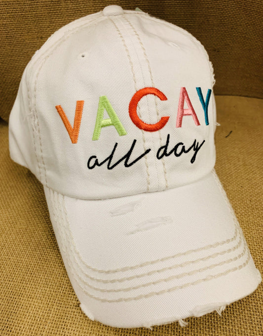 Vacation hats! Vacay all day • White • Embroidered - Stacy's Pink Martini Boutique