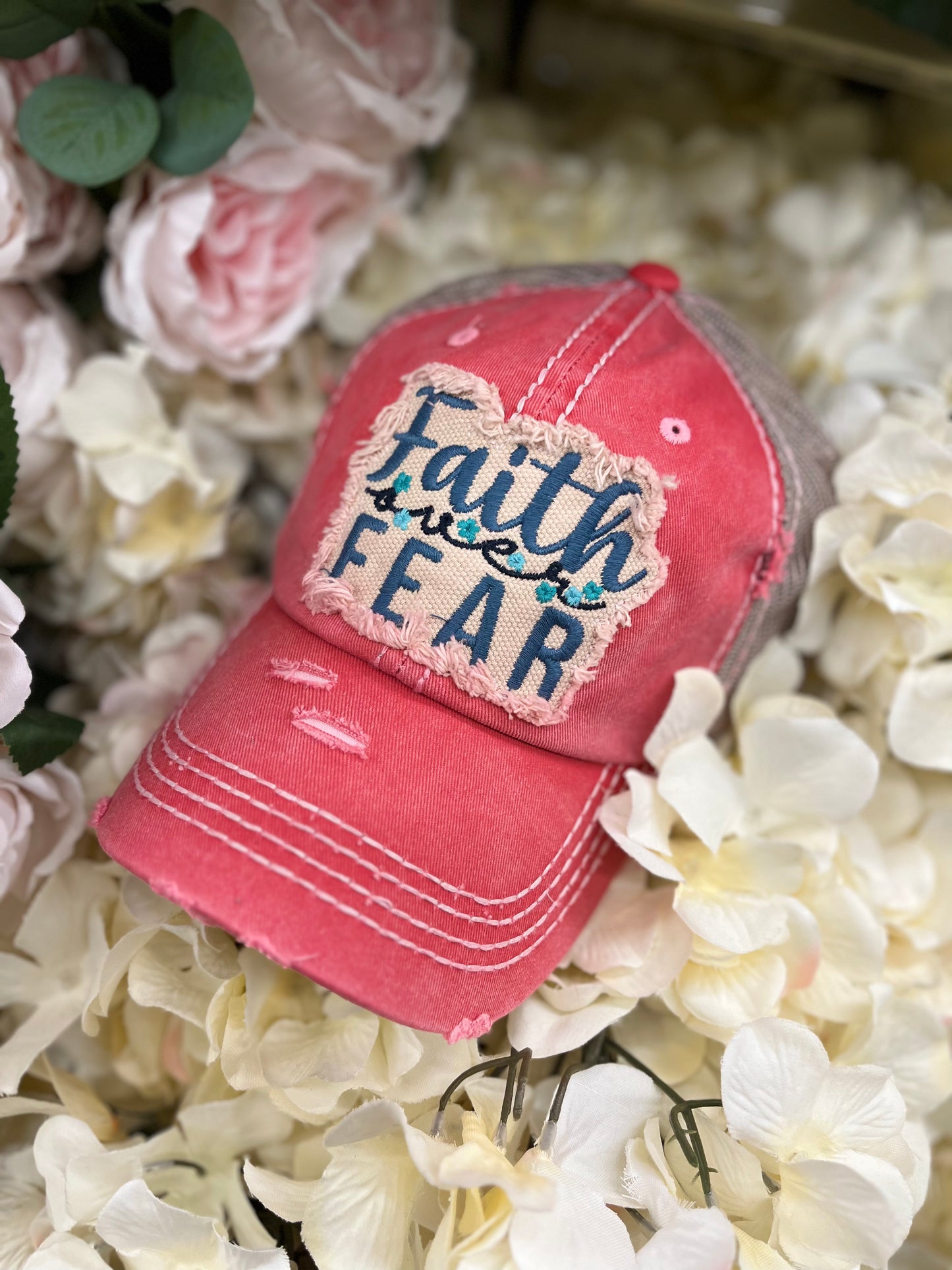 Faith over fear hat Embroidered coral pink distressed cap Adjustable velkro