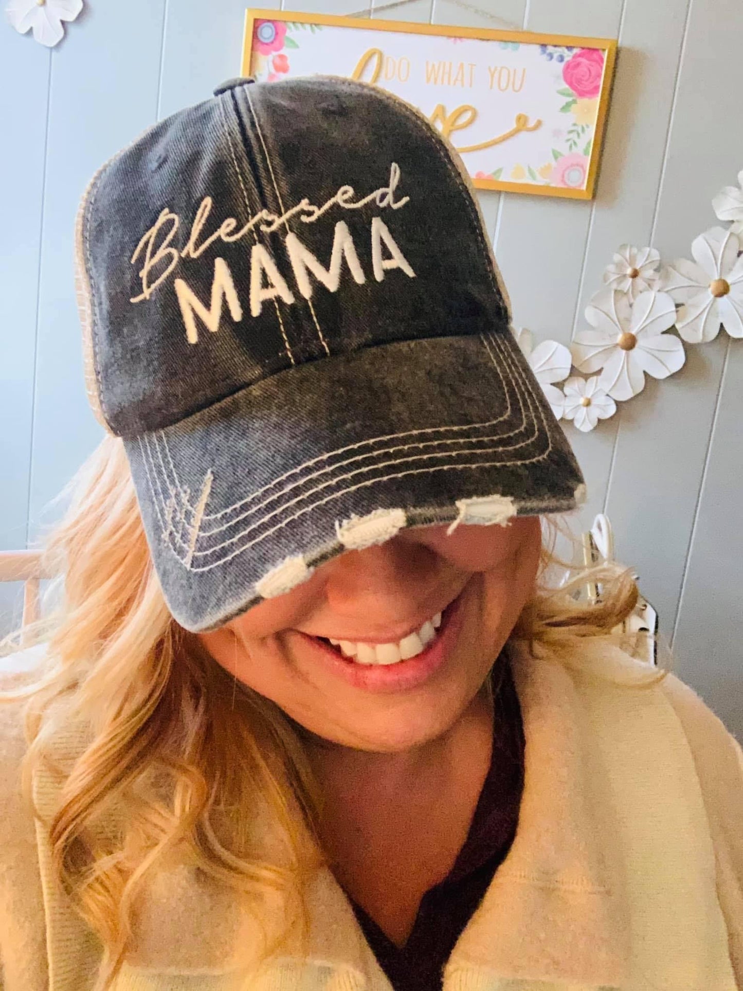 Mom hats Blessed mama Embroidered distressed women’s trucker cap Black Brown mesh back