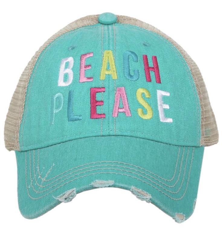 Beach Hats Beach please Embroidered distressed trucker caps Seashells Vacation - Stacy's Pink Martini Boutique