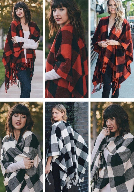 Poncho scarf { Plaid check } Red and black or white and black. 52 x 63. Free ship in US! - Stacy's Pink Martini Boutique