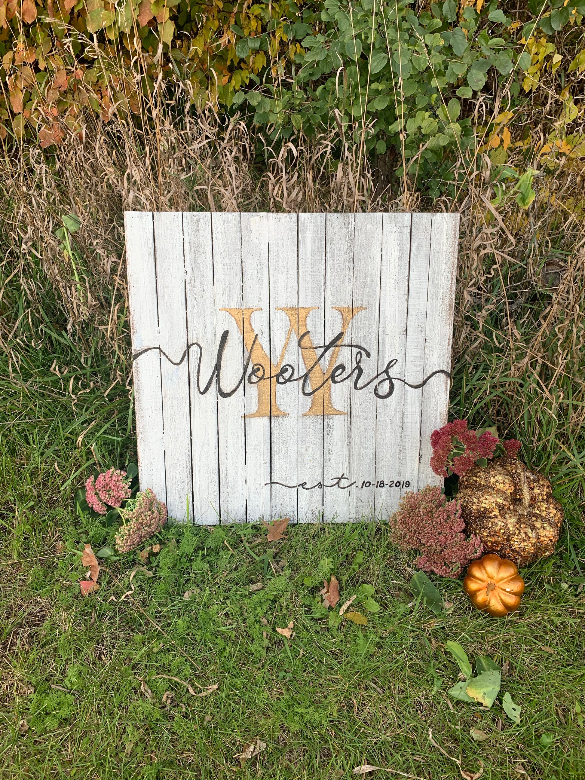 Wood sign { Last name } 24 x 24 • Hand-painted • You choose background color and letter colors • All hand blended and not vinyl • 2 hooks on back • Wood is framed so is boxed in the back. - Stacy's Pink Martini Boutique