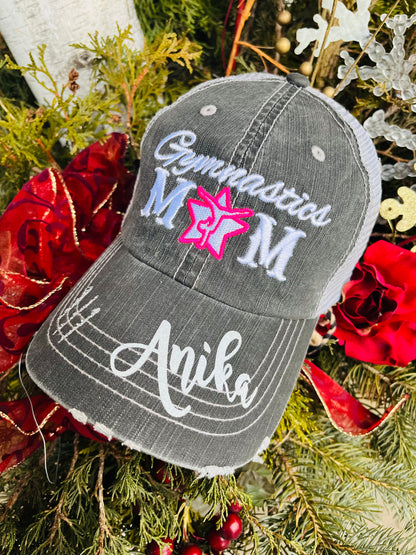 Gymnastics hats Gymnastics mom Womens trucker baseball style hat Customize names numbers BLING - Stacy's Pink Martini Boutique