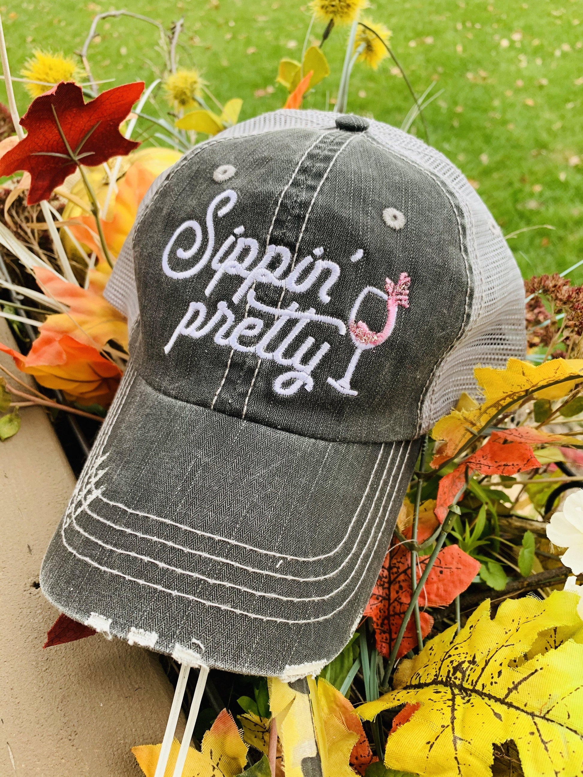 Wine hats! Sippin’ Pretty • Embroidered gray trucker cap • Wine glass - Stacy's Pink Martini Boutique