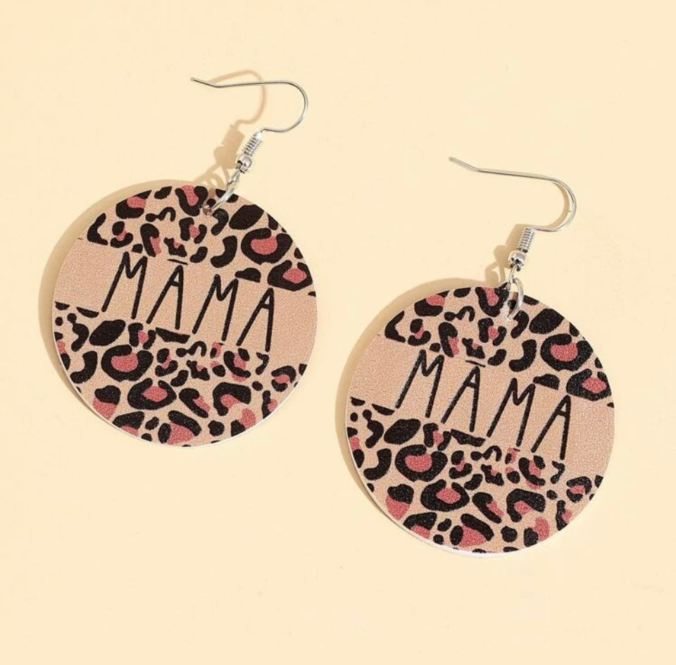 Mama earrings Round womens leopard print faux leather round Mom Animal print Jewelry