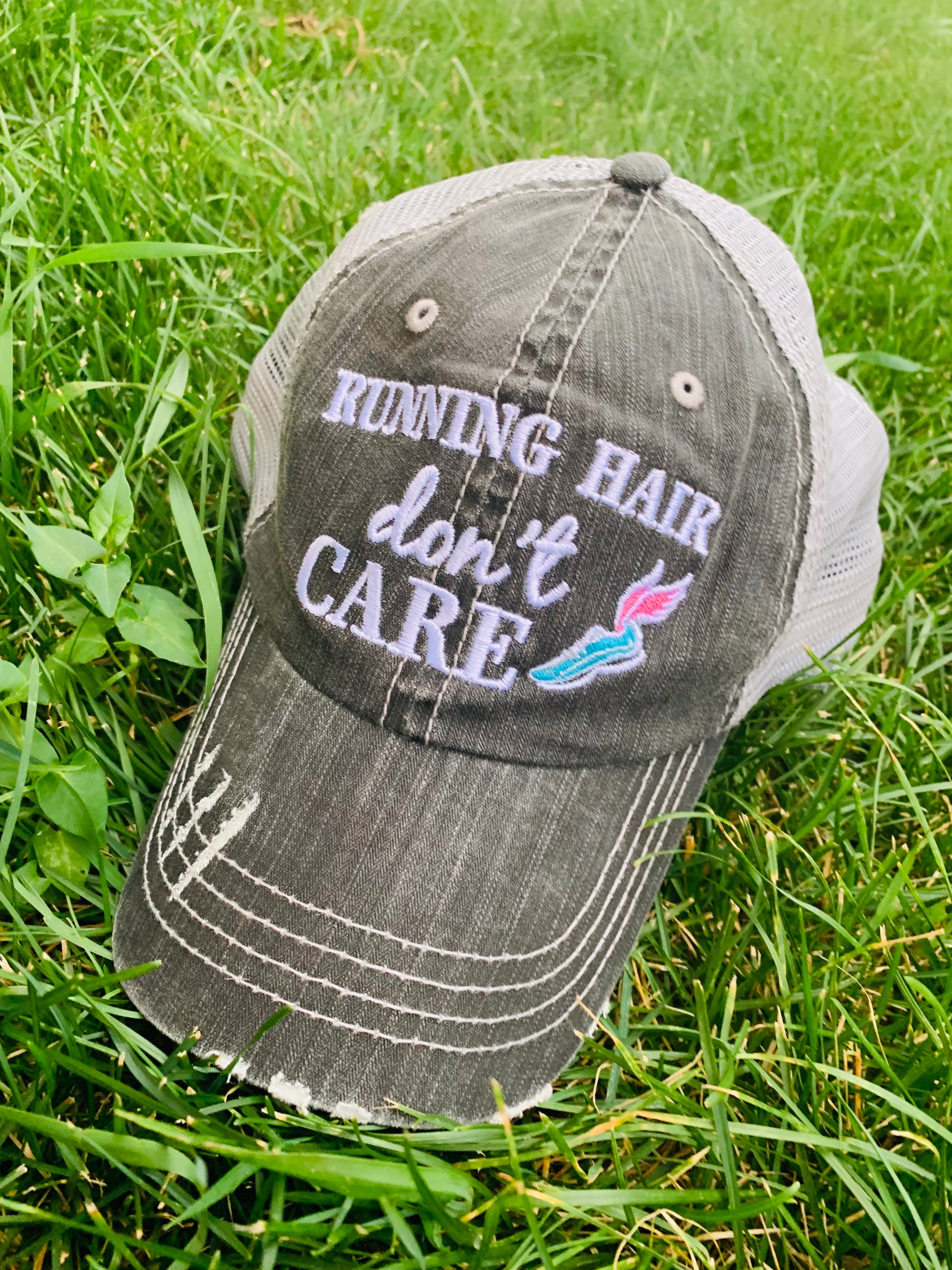 Running hair dont care hat | Embroidered distressed trucker cap - Stacy's Pink Martini Boutique