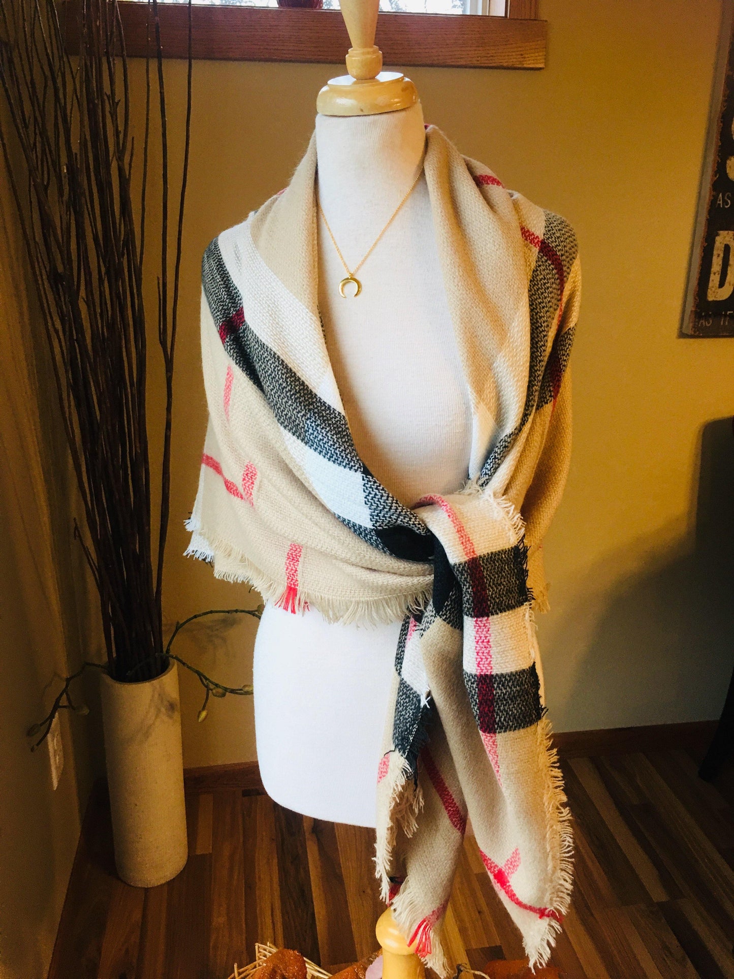 Blanket scarf { Classic check } Camel. Large square blanket scarf. - Stacy's Pink Martini Boutique