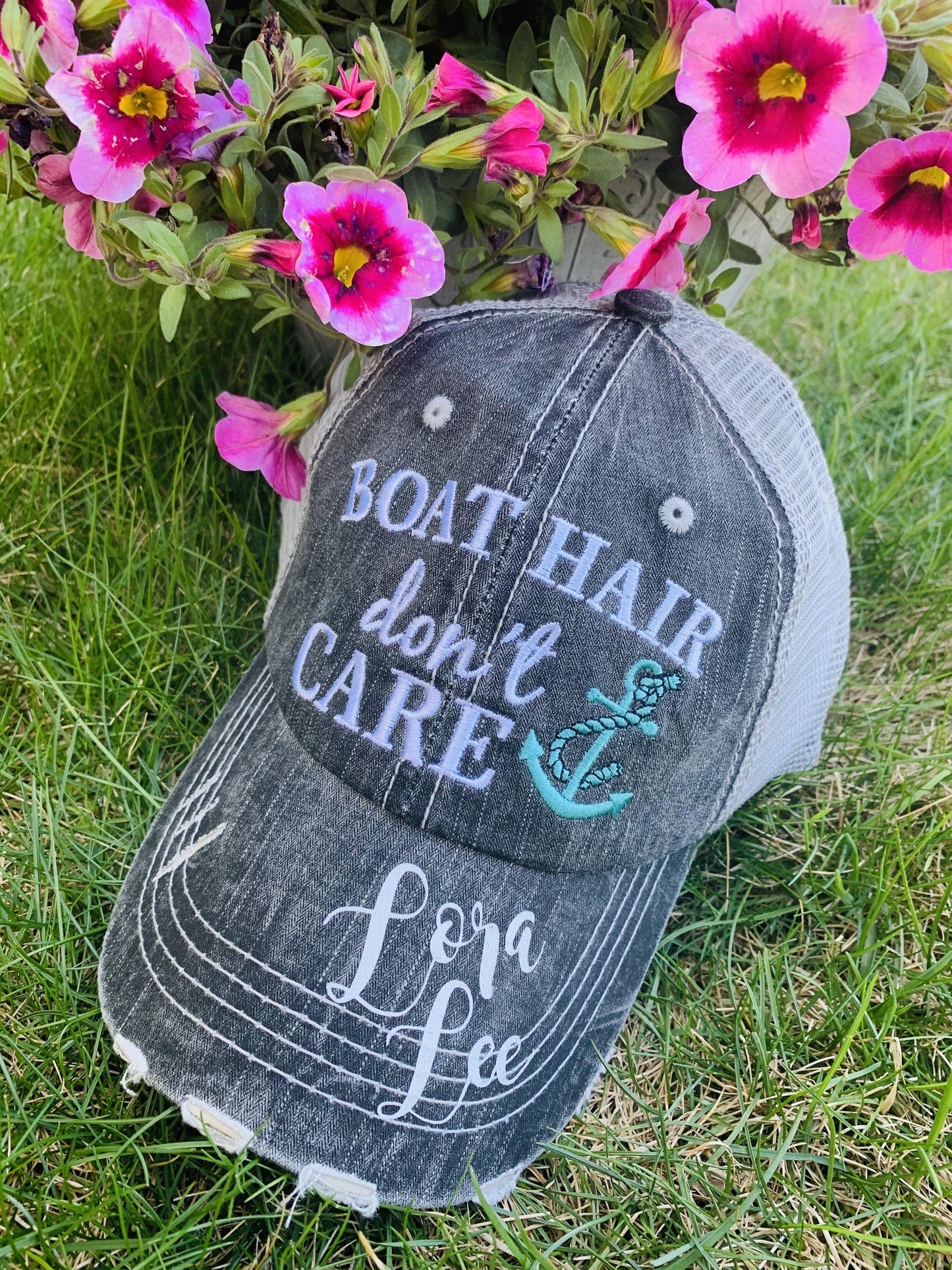 Boat hats! Boat hair dont care. FREE ship and FREE jewelry with each order. Embroidered distressed gray trucker hats with anchors. - Stacy's Pink Martini Boutique