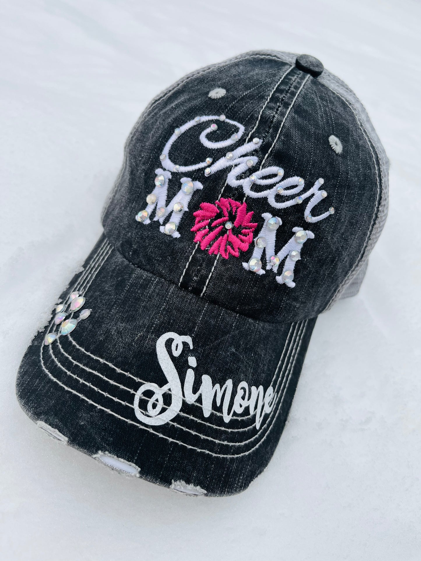Hats Cheer mom Embroidered distressed trucker cap adjustable velcro • Pom poms Ballet shoes Personalized Bling