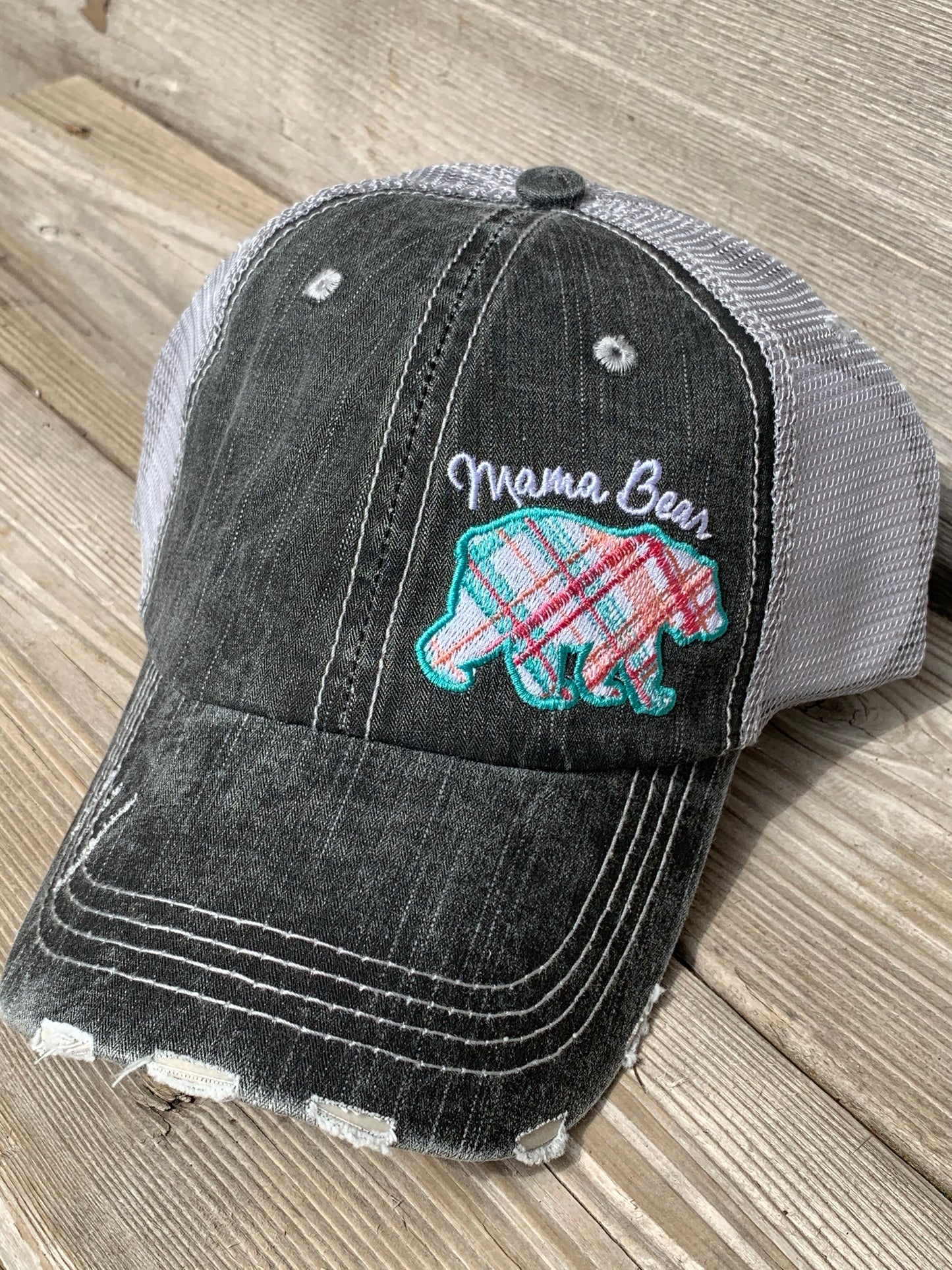 Mom hats Mama bear Baby bear Embroidered distressed womens trucker caps Buffalo plaid - Stacy's Pink Martini Boutique