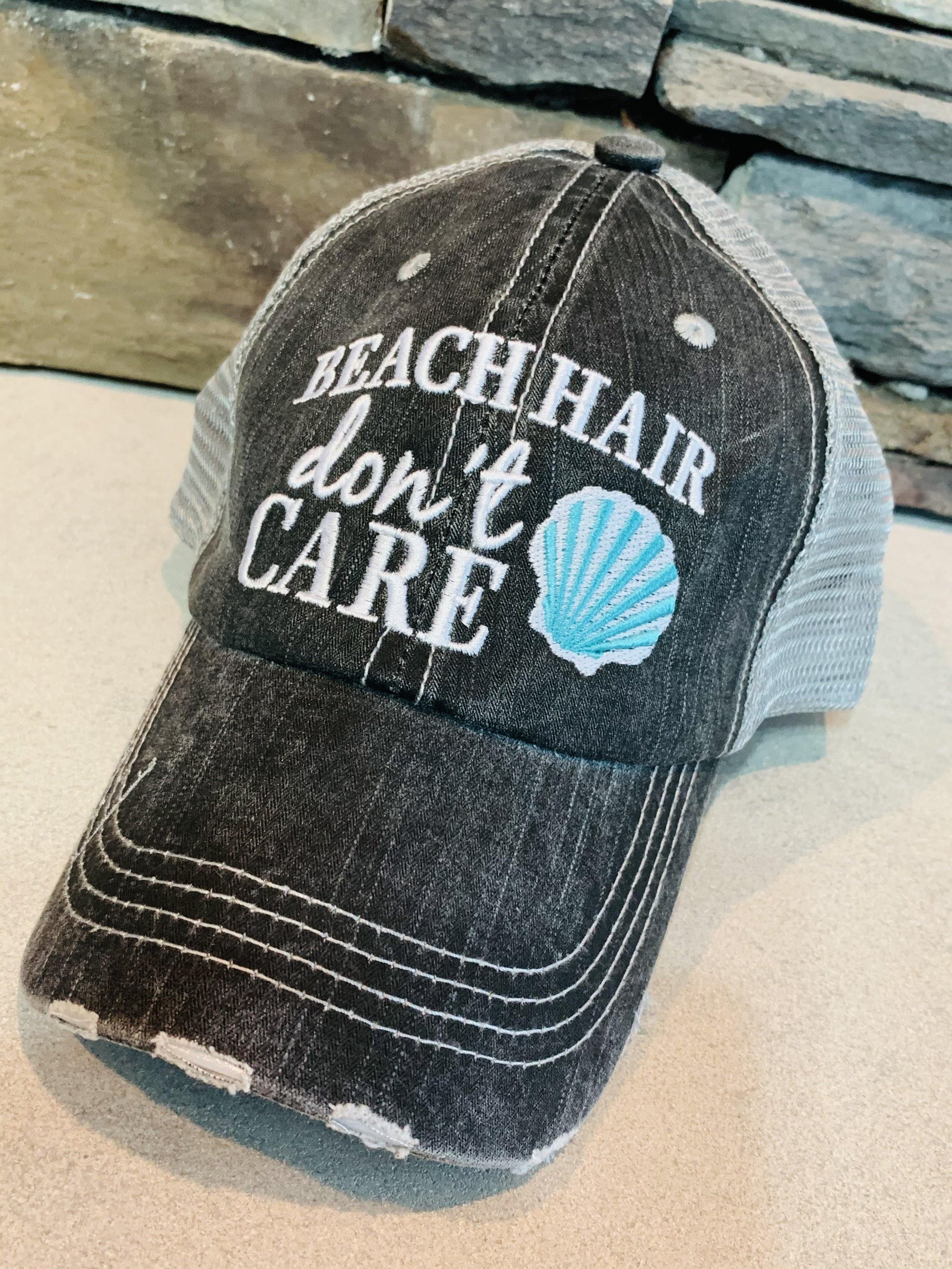 Beach hats! Beach hair don’t care • Gray trucker cap • Distressed • Adjustable • Seashell - Stacy's Pink Martini Boutique