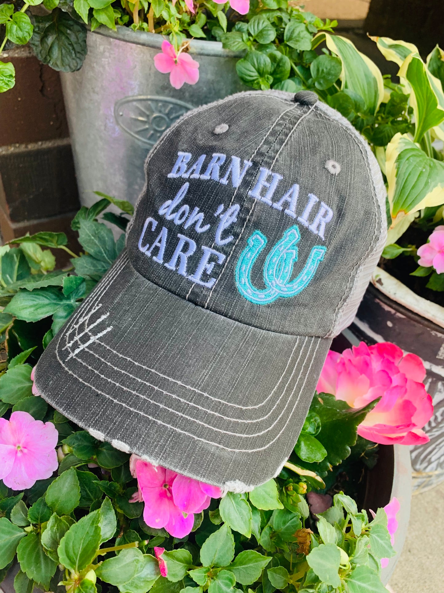 Barn Hats • Barn hair don’t care • Personalize • FREE SHIP! TEAL, PINK, WHITE horseshoe • Embroidered • Distressed • Horses - Stacy's Pink Martini Boutique