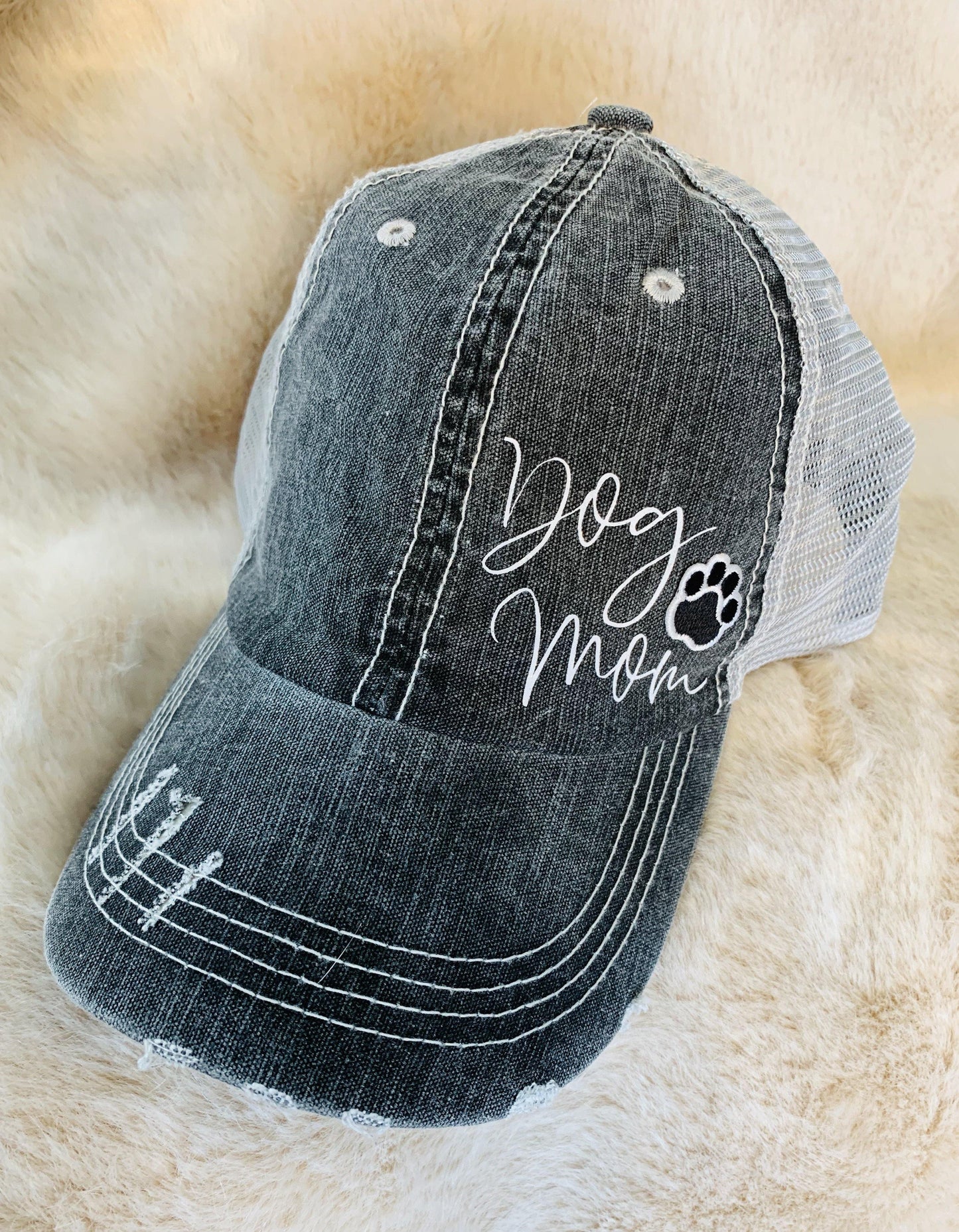 Dog hats Dog mom Assorted colors Distressed womens trucker caps Embroidered paw - Stacy's Pink Martini Boutique