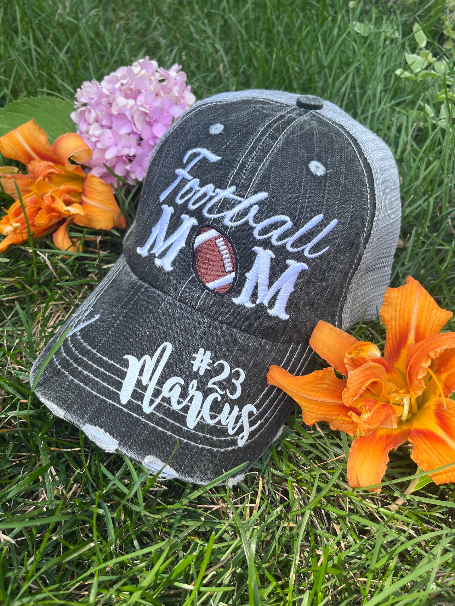 Personalized football hats Football mom Embroidered womens trucker caps - Stacy's Pink Martini Boutique