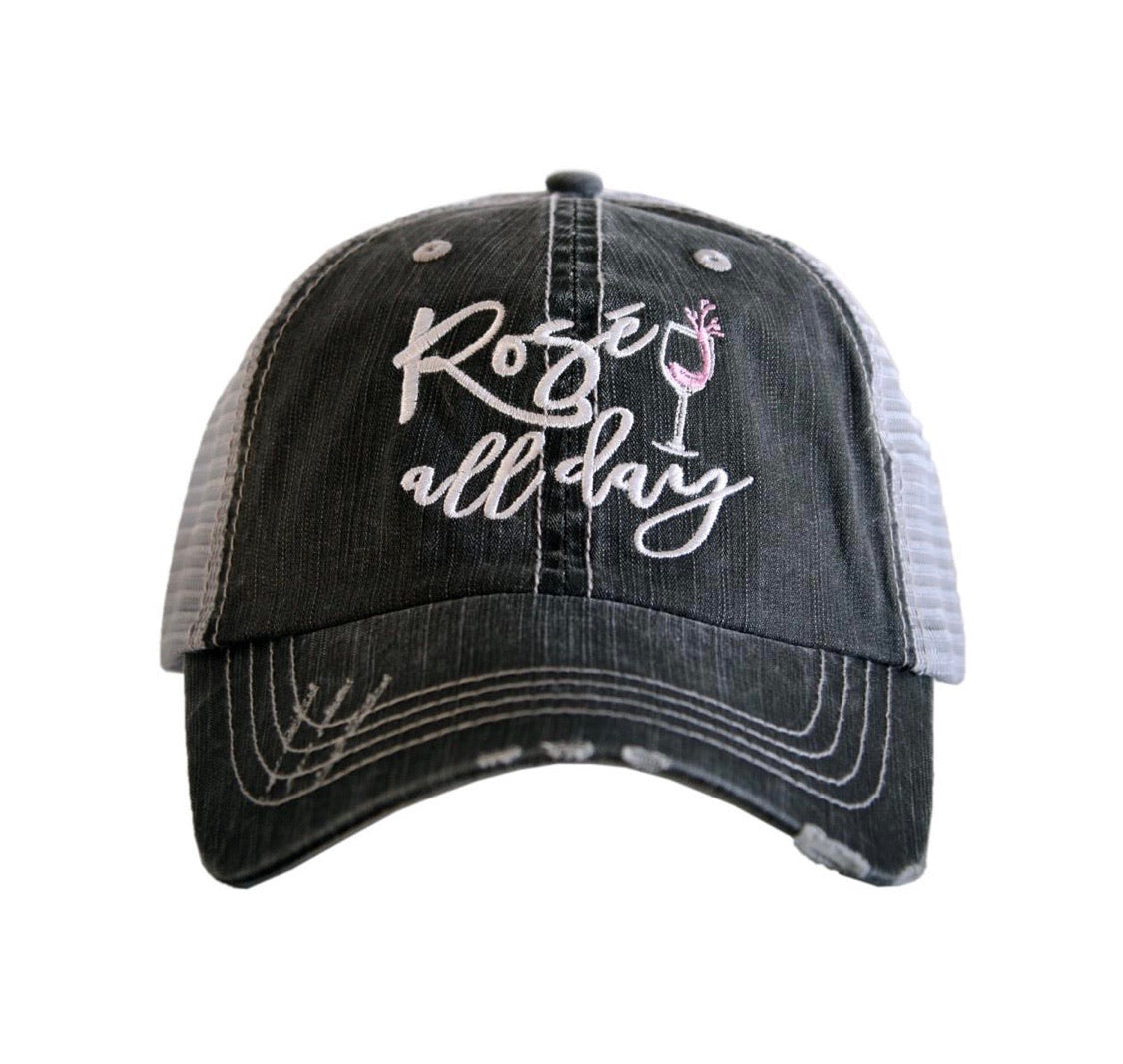 Hat { Rose all day } Gray • Embroidered letters and wine glass • Distressed trucker cap • Adjustable Vel cro with hole for pony - Stacy's Pink Martini Boutique