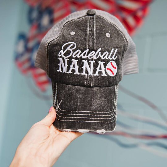 Baseball Grandma • Mimi • Nana • Gigi | Embroidered gray distressed trucker caps | Personalize - Stacy's Pink Martini Boutique