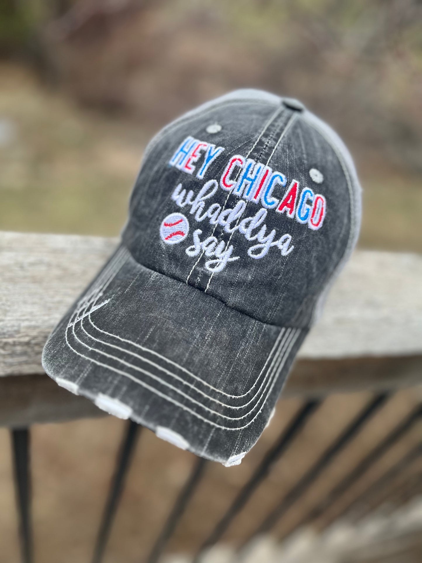 Baseball hats Chicago Cubs Hey Chicago whaddya say Embroidered distressed gray trucker cap Unisex - Stacy's Pink Martini Boutique