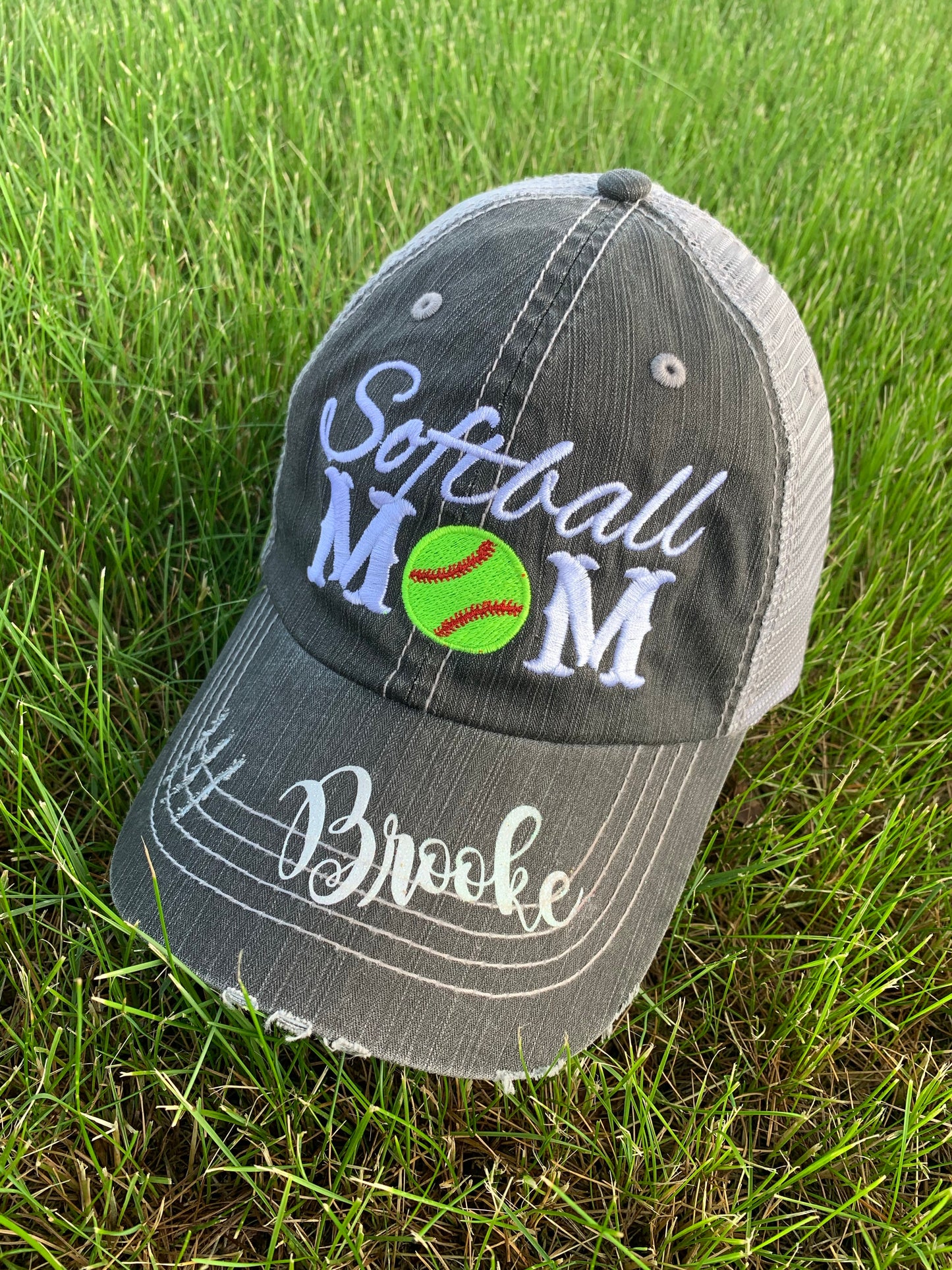 Softball hats Softball mom Softball hair dont care Embroidered gray distressed adjustable trucker caps Personalizable Softball forever - Stacy's Pink Martini Boutique