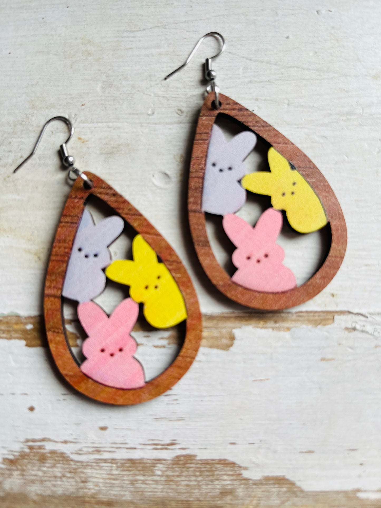Easter peep earrings Wood teardrop bunnies